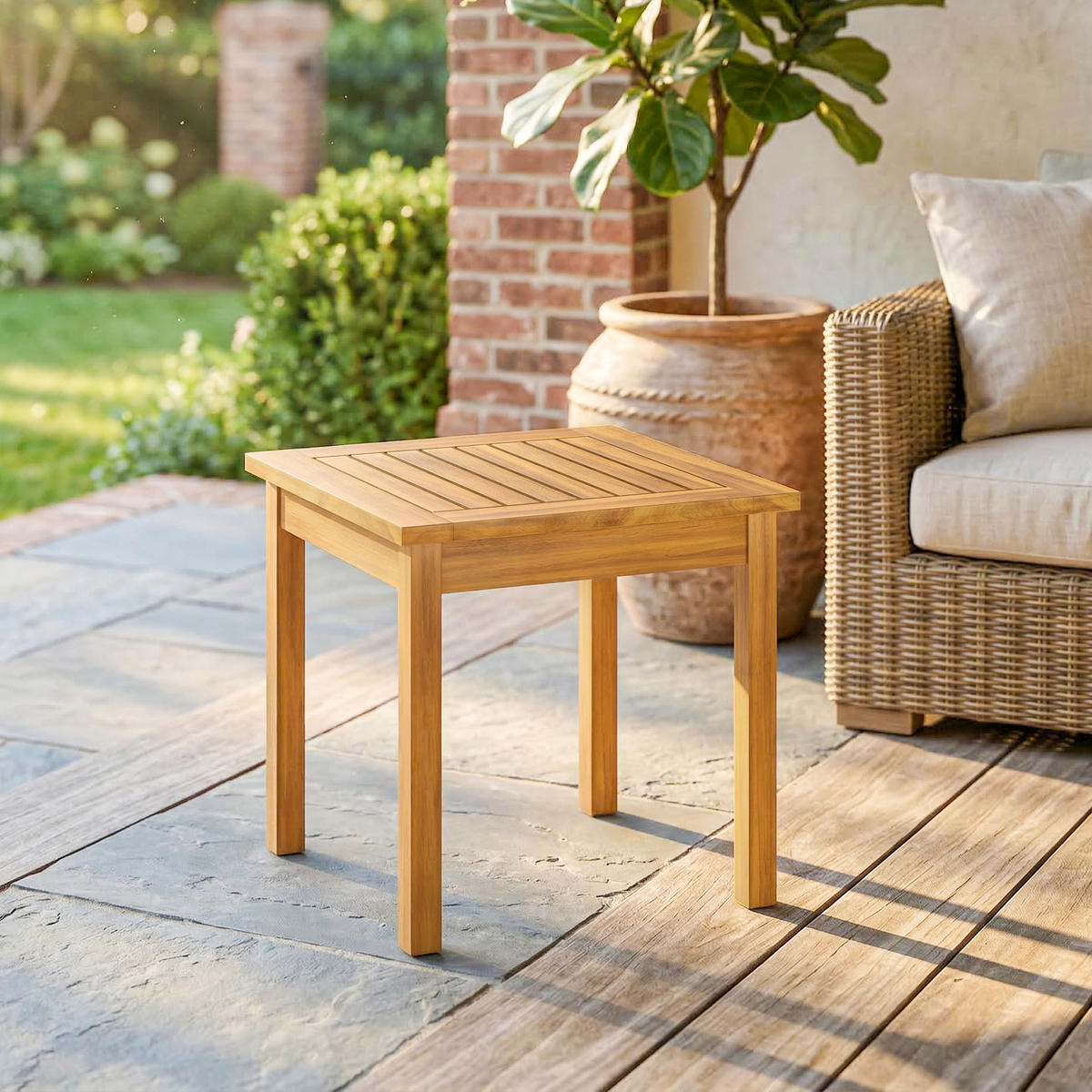 BEISTELLTISCH DE-07336 quadratisch mit Lamellendesign und verstellbaren Füßen Natur - Naturfarben, Holz (48/48/46cm) - ComfortXL