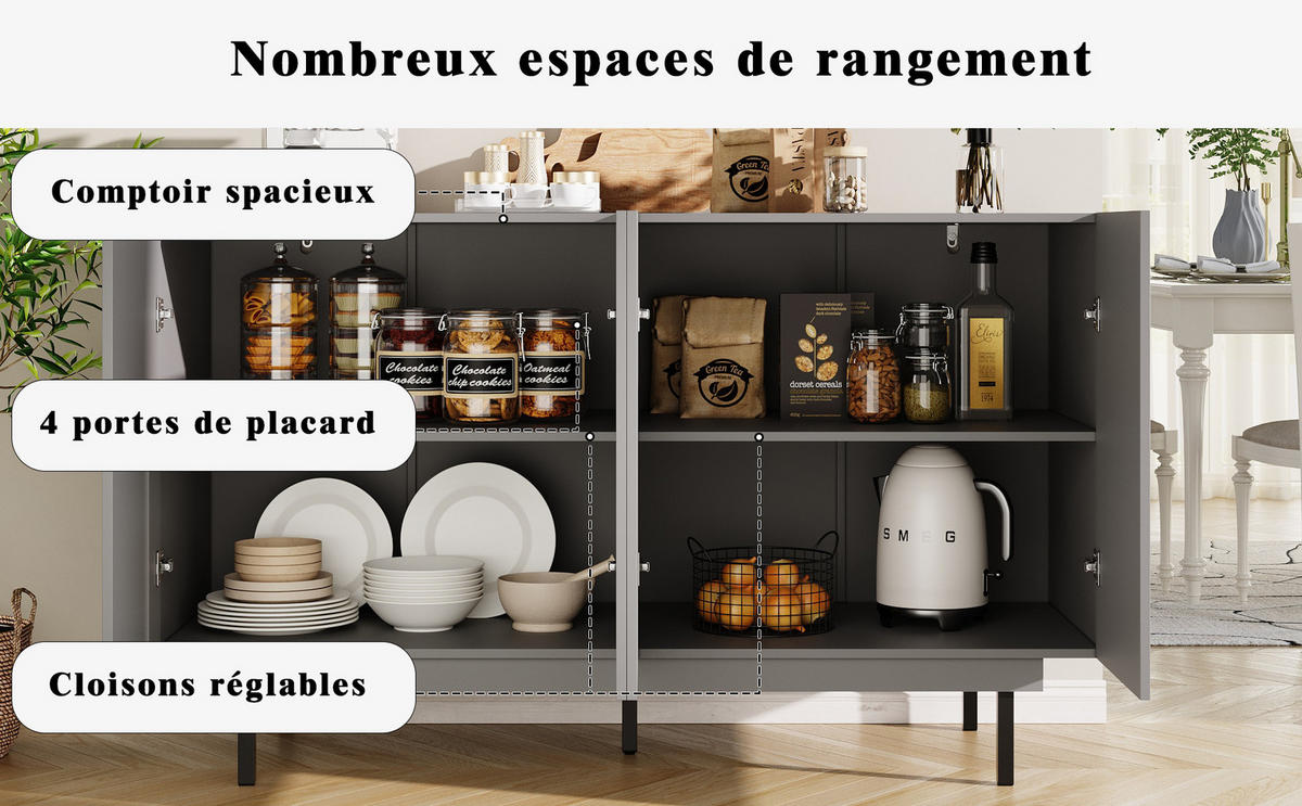 SIDEBOARD mit 4 Türen und verstellbaren Regalen, 140/38.5/82.5cm - Grau, Holzwerkstoff (140/82.5/38.5cm) - Urban Meuble