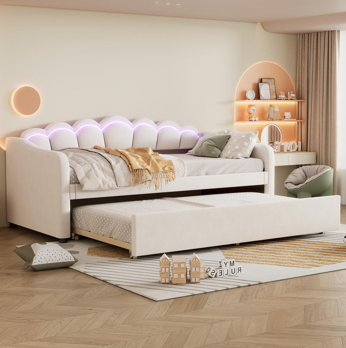 POMOŽNA postelja iz žameta in MDF 90x200 cm bež z izvlečnim ležiščem, LED osvetlitvijo in minimalističnim dizajnom - bež, tekstil (90/200cm) - Modfu
