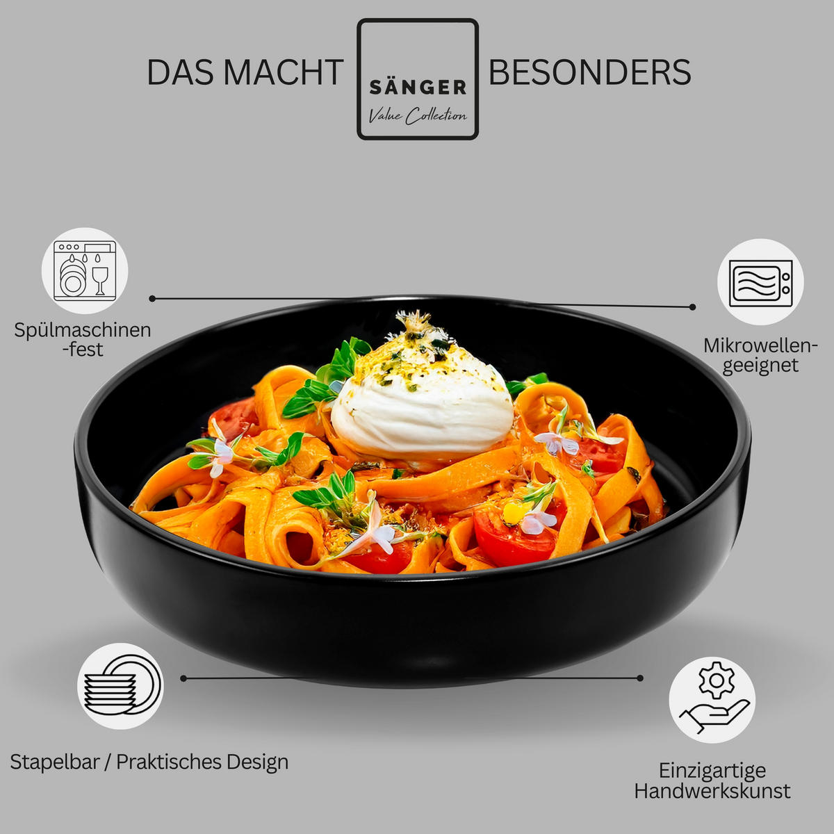TAFELSERVICE MADEIRA - 24-teilig aus Steingut - Schwarz, Keramik (27/6/27cm) - Sänger