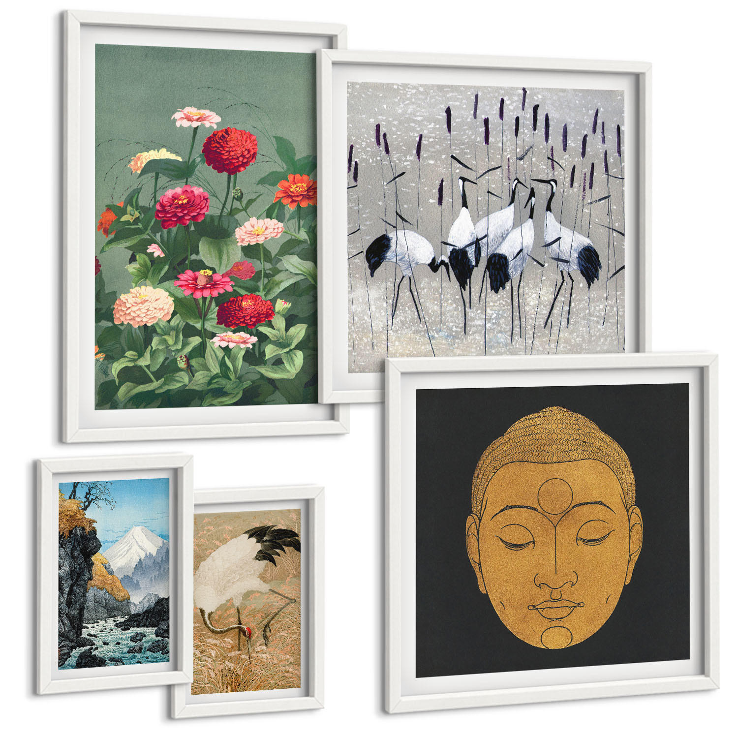 BILDER SET 5er Set - 50x50 cm & 20x30 cm & 40x60 cm Weißer Rahmen - Abstrakte Berge und Blumen Inspiration - Weiß, Kunststoff (40/60cm) - TULUP