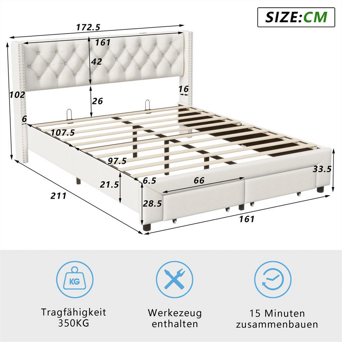 POLSTERBETT 160x200 cm mit LED-Beleuchtung - mit USB-Ports, Seitentaschen und 2 Schubladen - Kopfteil im Nieten-Design - Beige, Textil (160/200cm) - DELFA
