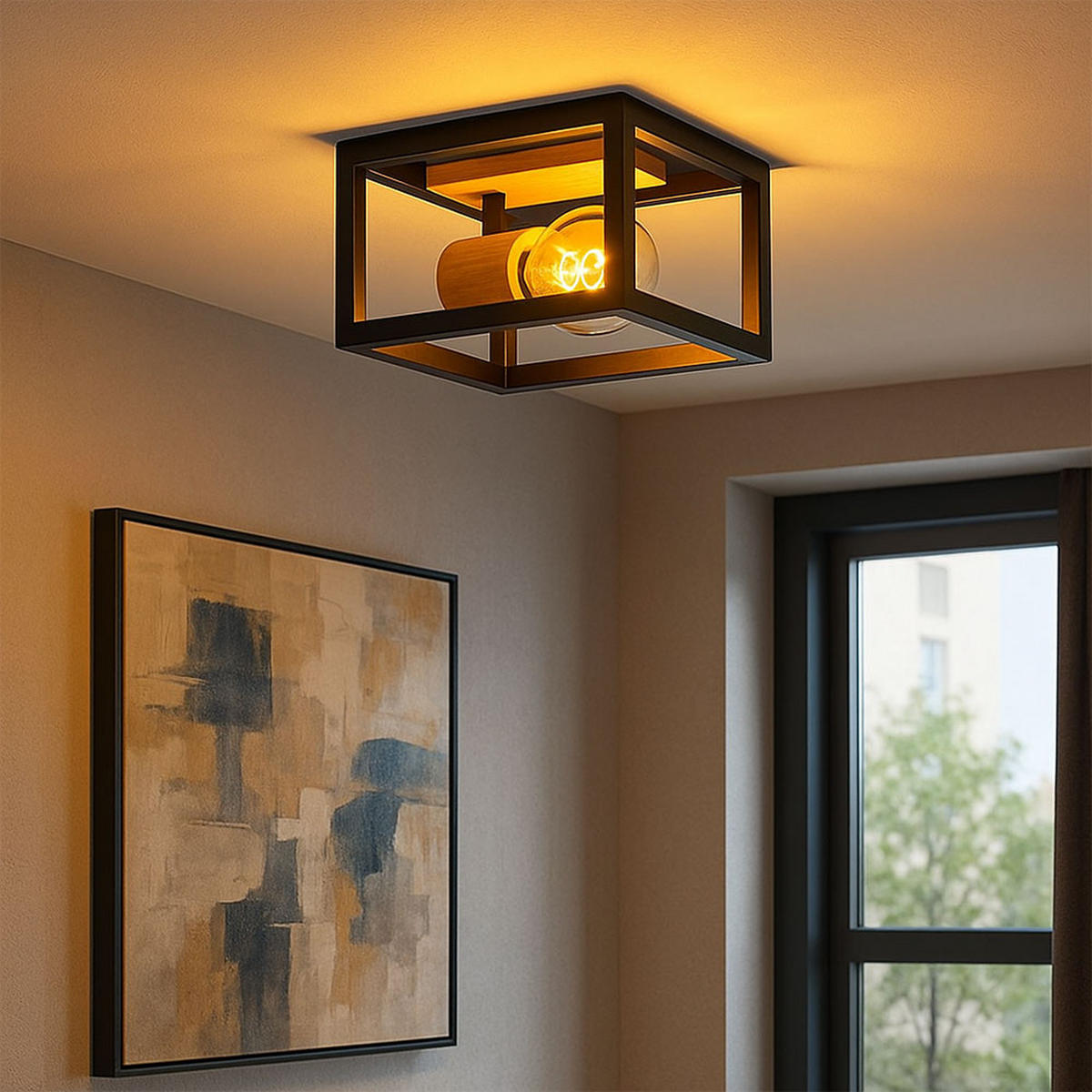 DECKENLEUCHTE Metall Braun Holzdekor - Schwarz, Holz (22/22/14.5cm) - Globo Lighting