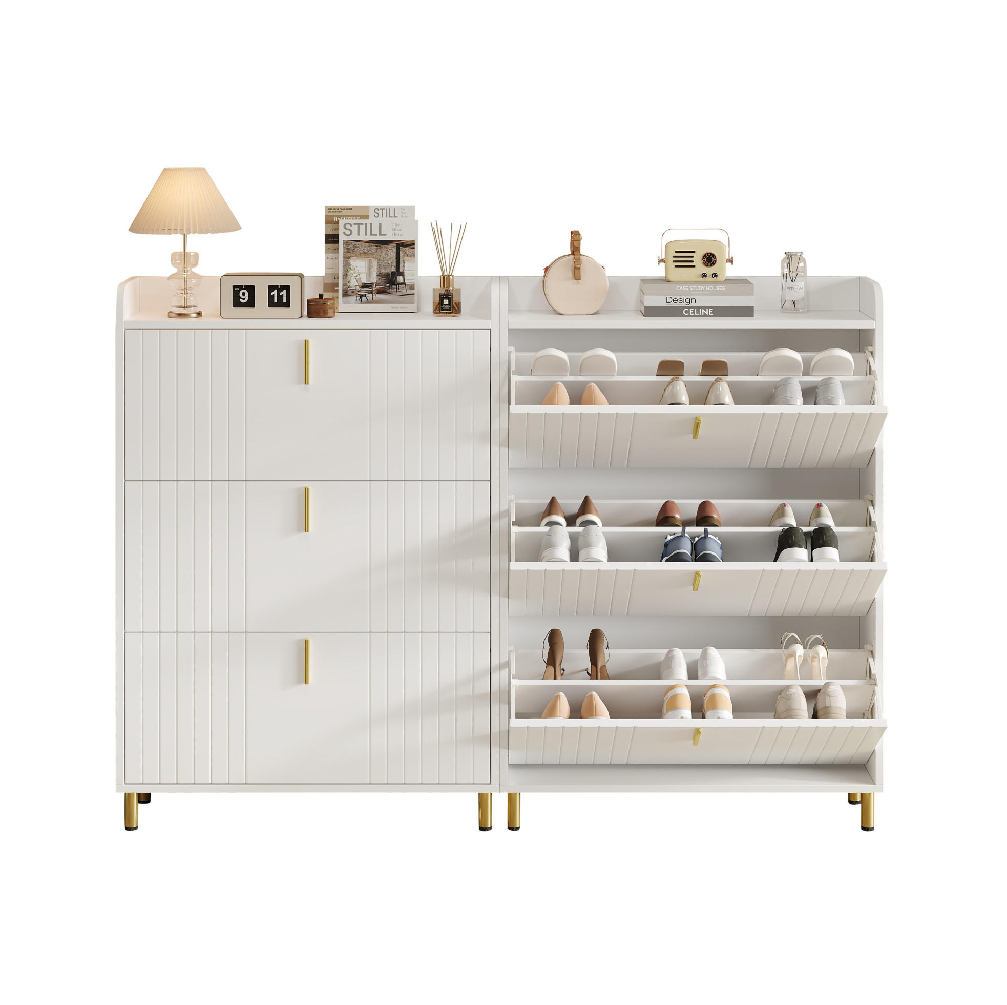 SCHUHSCHRANK 80/23/123,5 cm mit 3 Klappen, verstellbaren Einlegeböden und Ablagefach aus MDF, Weiß - Weiß, Holzwerkstoff (80/124/23cm) - Redom