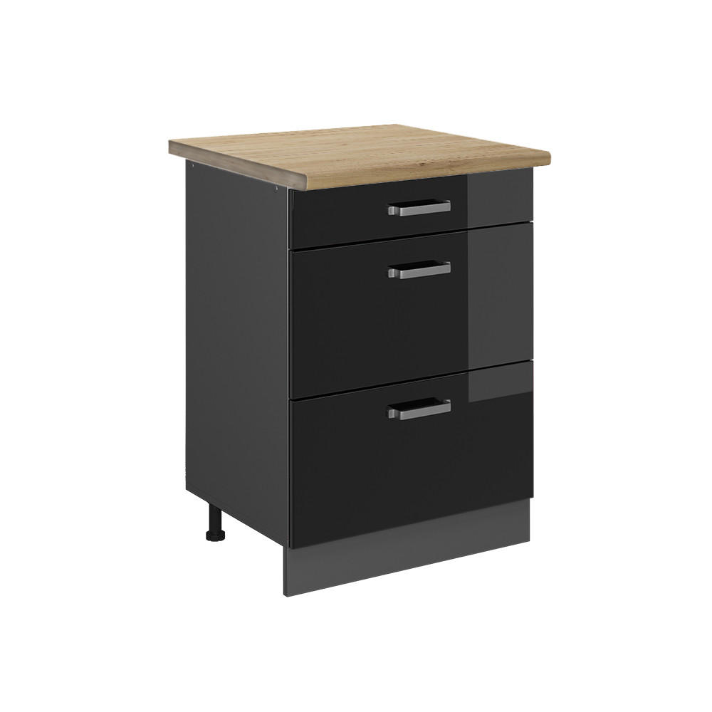 KÜCHENUNTERSCHRANK R-Line Schwarz Hochglanz 60 cm mit Schubladen AP Eiche - Schwarz Hochglanz/Anthrazit, Holzwerkstoff (60/81.6/60cm) - Vicco