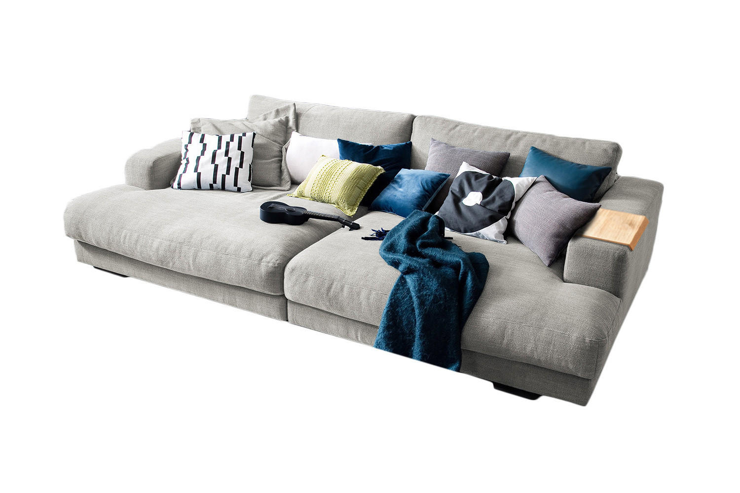 BIG SOFA MIT TABLETT NATUR MADELINE Silber Webstoff - Silberfarben/Schwarz, Kunststoff/Textil (290/85/170cm) - KAWOLA