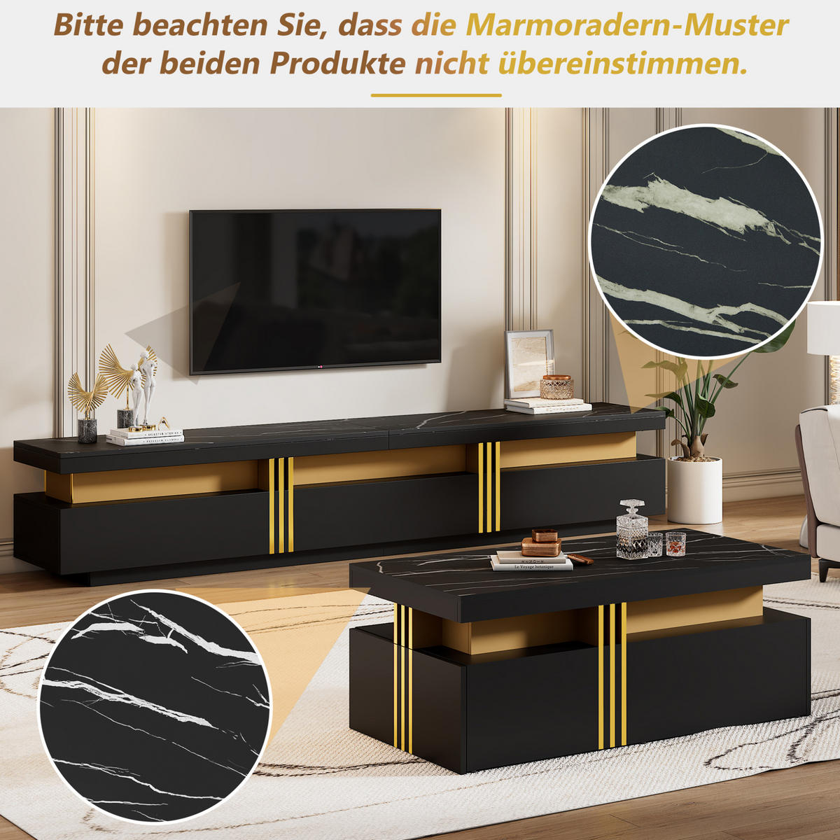 TV-ELEMENT 200/40/42 cm mit 3 Schubladen in Schwarz mit Marmor-Optik - Schwarz, Holzwerkstoff (100/40/50cm) - BEAOK