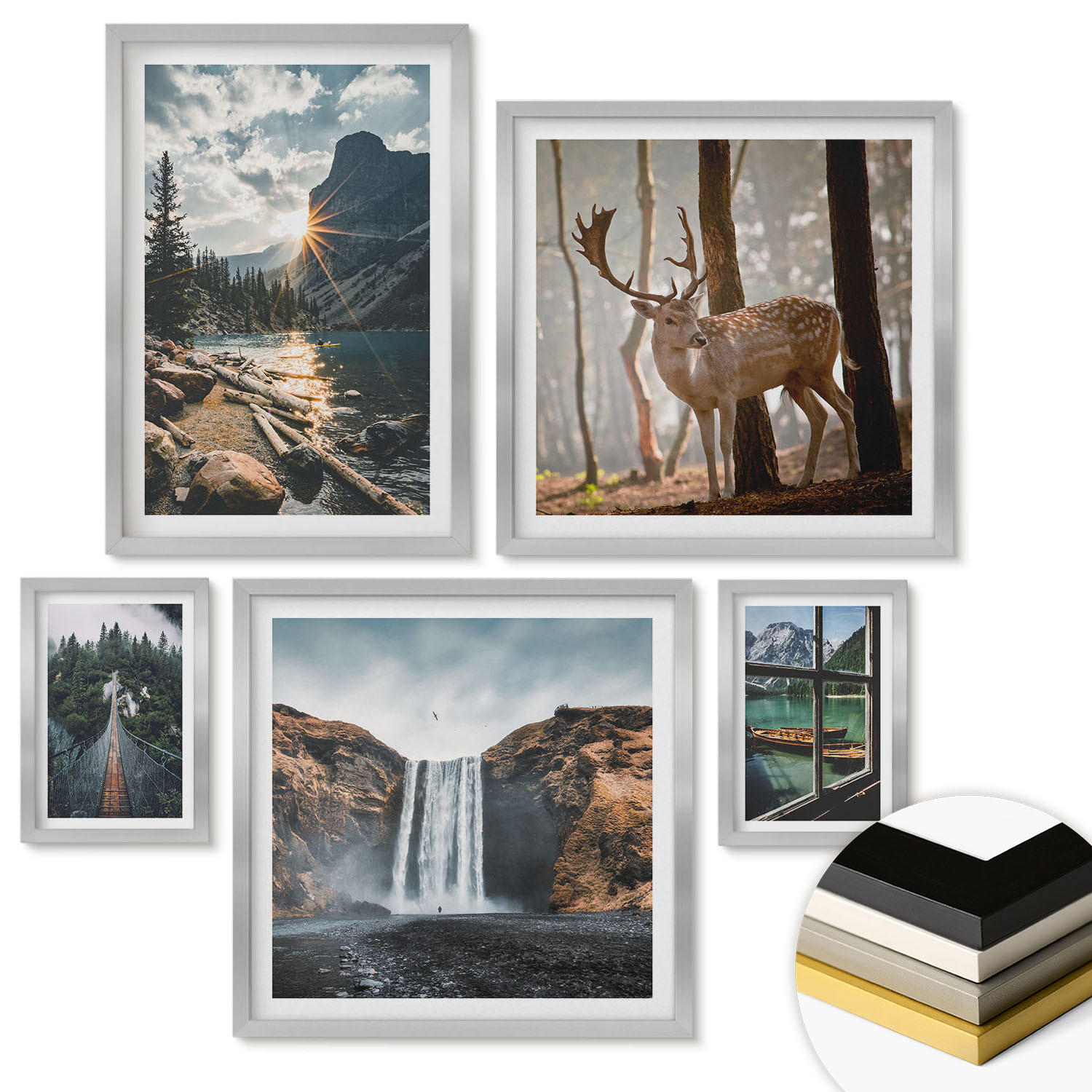 WANDBILDER 5er Set - 50x50 cm & 20x30 cm & 40x60 cm Silberner Rahmen - Blumenarrangements in Vasen - Silberfarben, Kunststoff (40/60cm) - ArtPrintCave