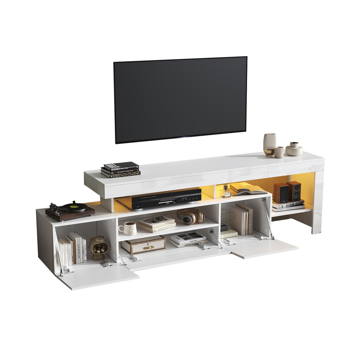 TV-LOWBOARD 192x37x53 cm Weiß LED 3 Schränke Hochglanz - Weiß, Holzwerkstoff (37/53/192cm) - FLIEKS