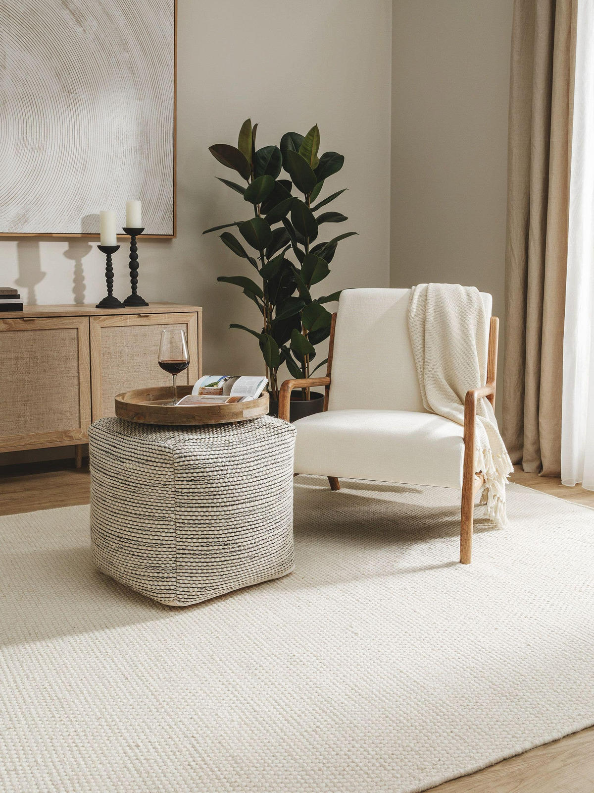 WOLL-POUF handgefertigt Rocco Beige/Schwarz 45x45x45 cm - Beige, Textil (45/45/45cm) - benuta Pure