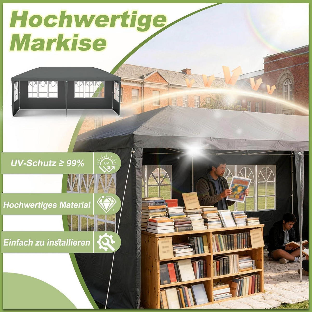 GARTENPAVILLON 300 x 300 cm Anthrazit Wasserdicht mit 4 Seitenwänden - Anthrazit, Textil (300/260/300cm)
