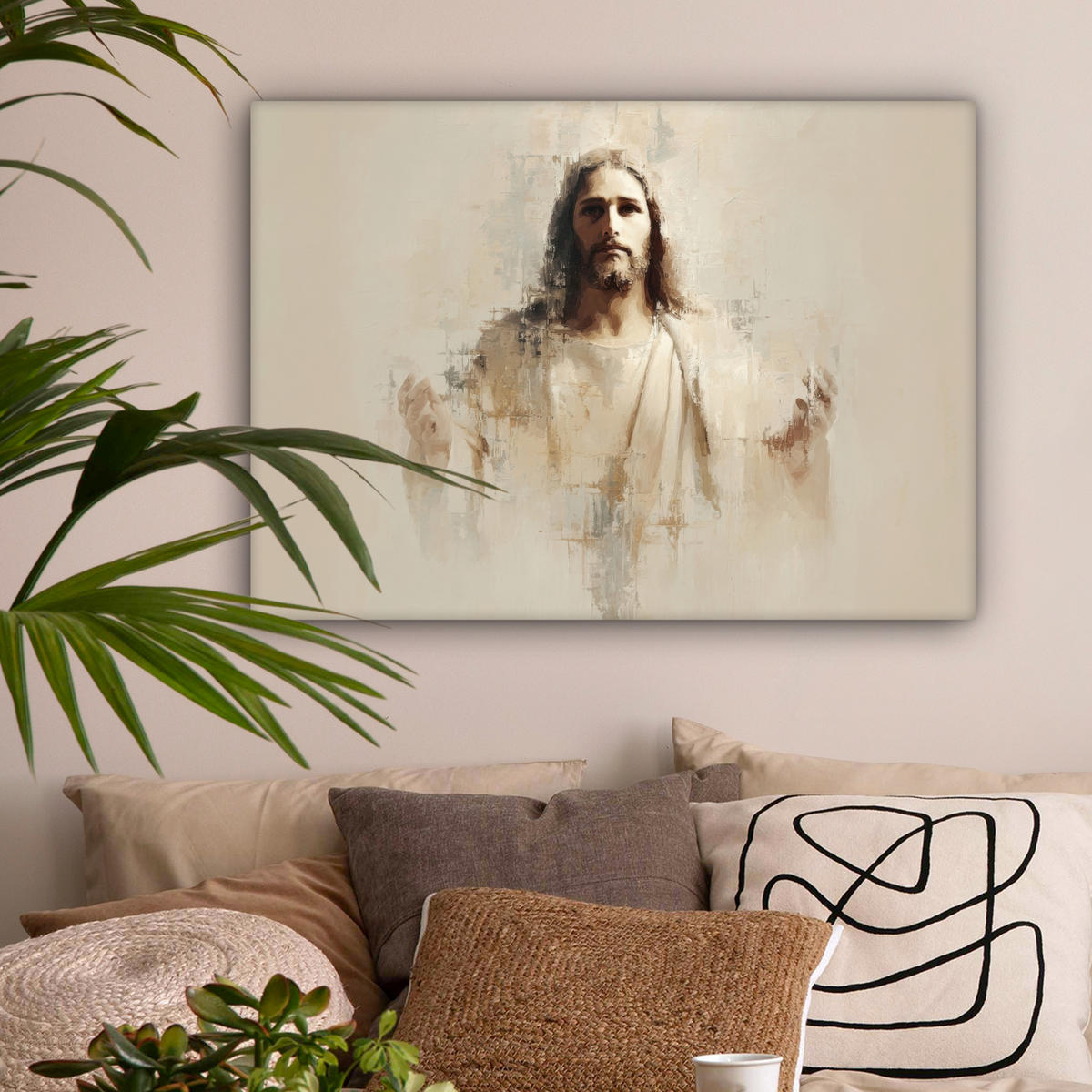 LEINWANDBILD Porträt - Abstrakt - Jesus - Beige Wandbilder 80x60 cm - Beige, Textil (80/60cm) - MuchoWow