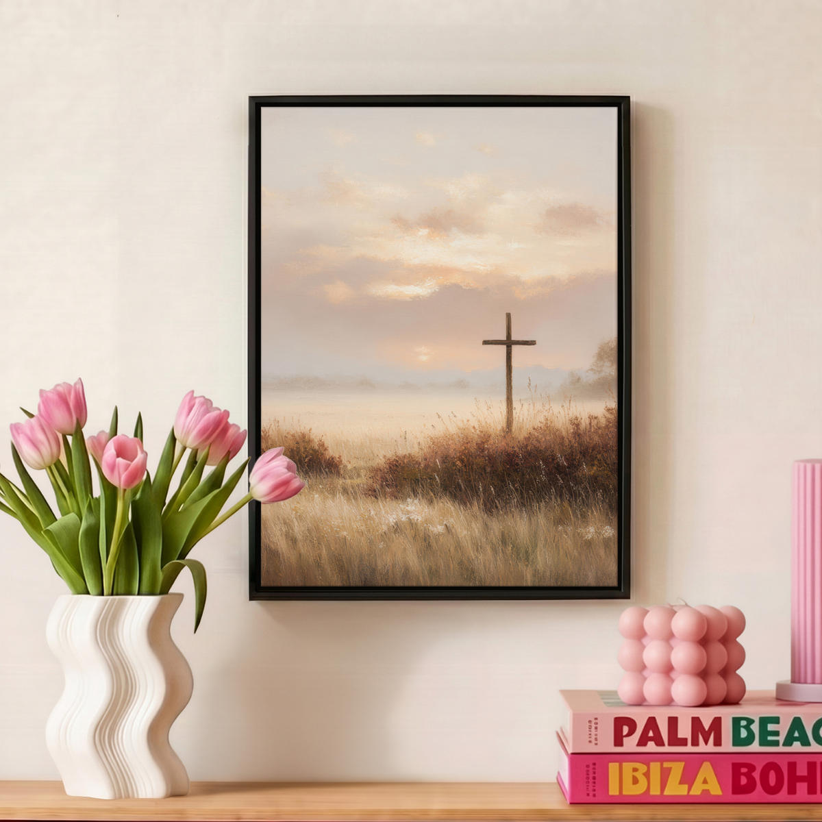 LEINWAND Bilder mit Rahmen - Gras - Morgennebel - Kreuz - Christentum - 30x40 - Beige, Textil (30/40cm) - MuchoWow