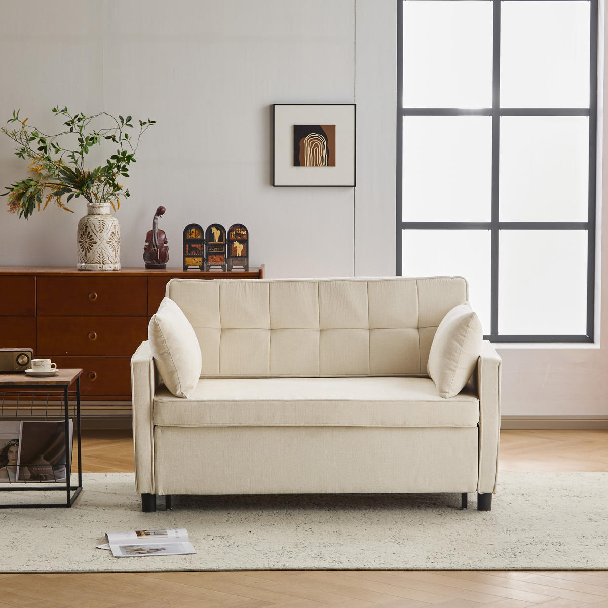 SCHLAFSOFA Chenille mit Ausziehfunktion und 2 Kissen Beige 142/79/85 cm - Beige, Textil (79/85/142cm) - Redom