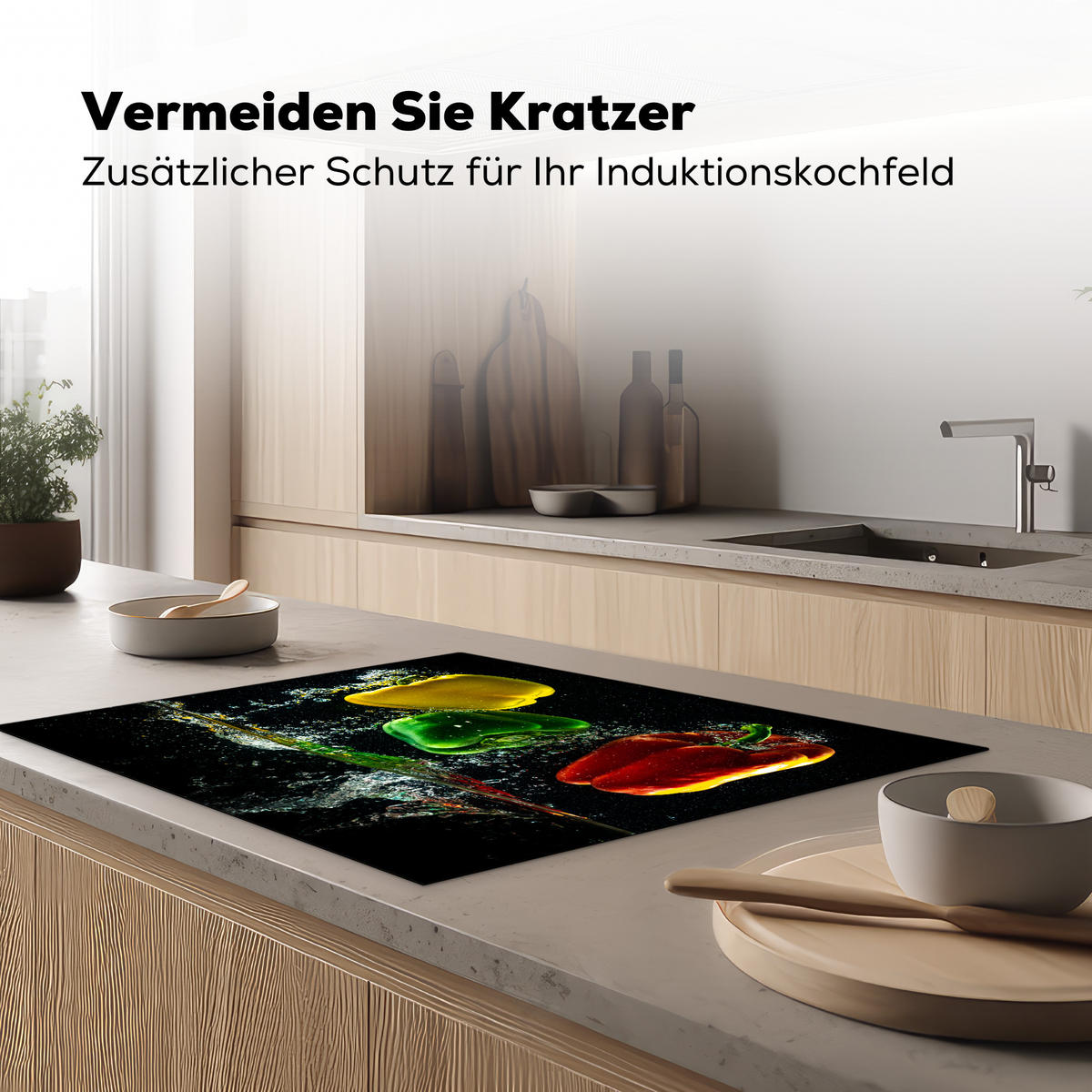 HERDABDECKPLATTE Paprika - Gemüse - Wasser - Schwarz - Rot - Grün - Gelb Induktionsmatte 77x59 cm - Multicolor, Kunststoff (77/59/0.2cm) - MuchoWow