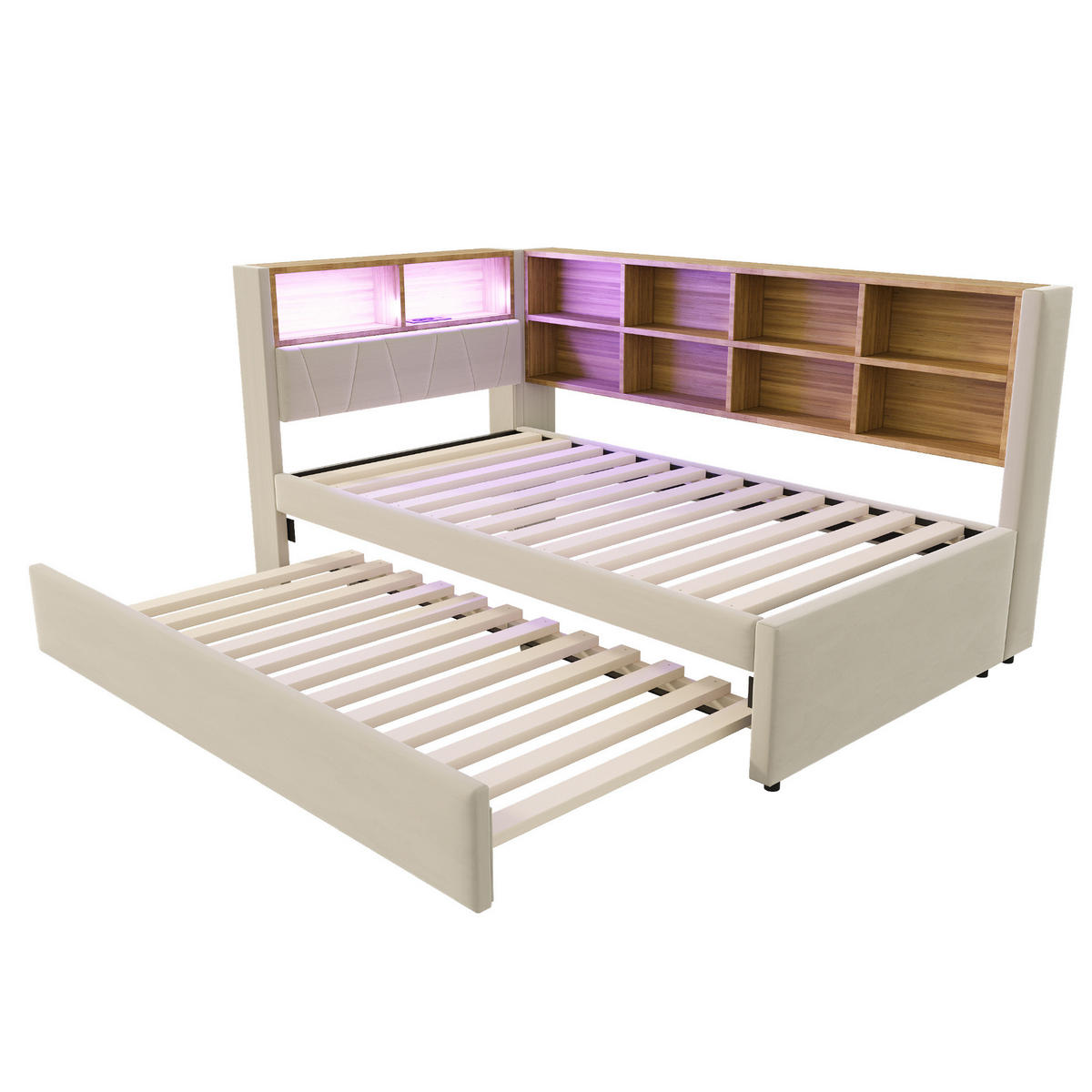 SCHLAFSOFA 90x200 cm in Beige mit Ausziehbett, LED-Beleuchtung und Ladeanschlüssen - Beige, Textil (90/200cm) - IVMEU