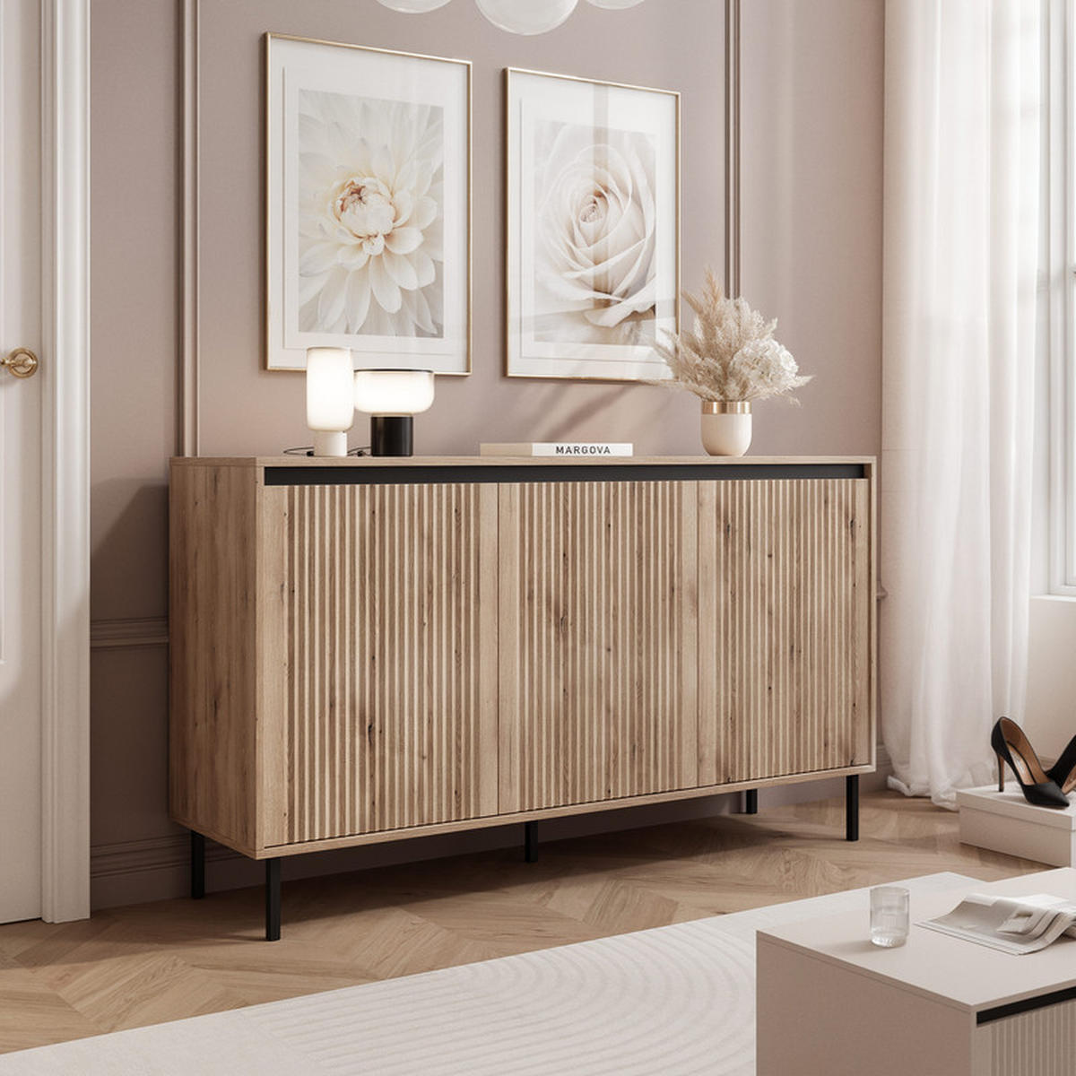 KOMMODE LIRA 149 cm, Evoke-Eiche - Eichefarben/Schwarz, Holzwerkstoff/Metall (149/100/40cm) - Idohome