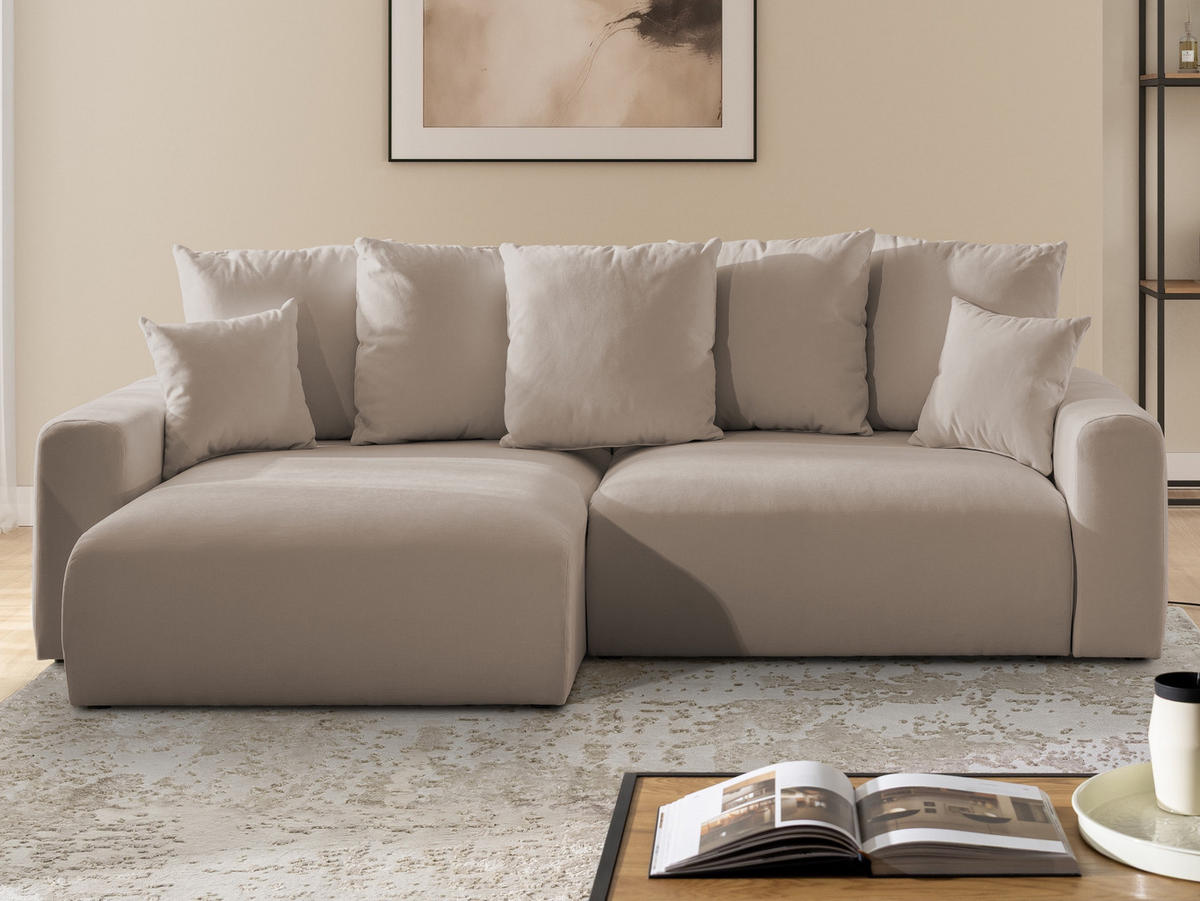 ECKSOFA Calma mit Schlaffunktion und Bettkasten im Bumpy-Design aus weichem Greige Webstoff - Ottomane links - Greige/Schwarz, Holz/Kunststoff (239/140cm) - S-Style