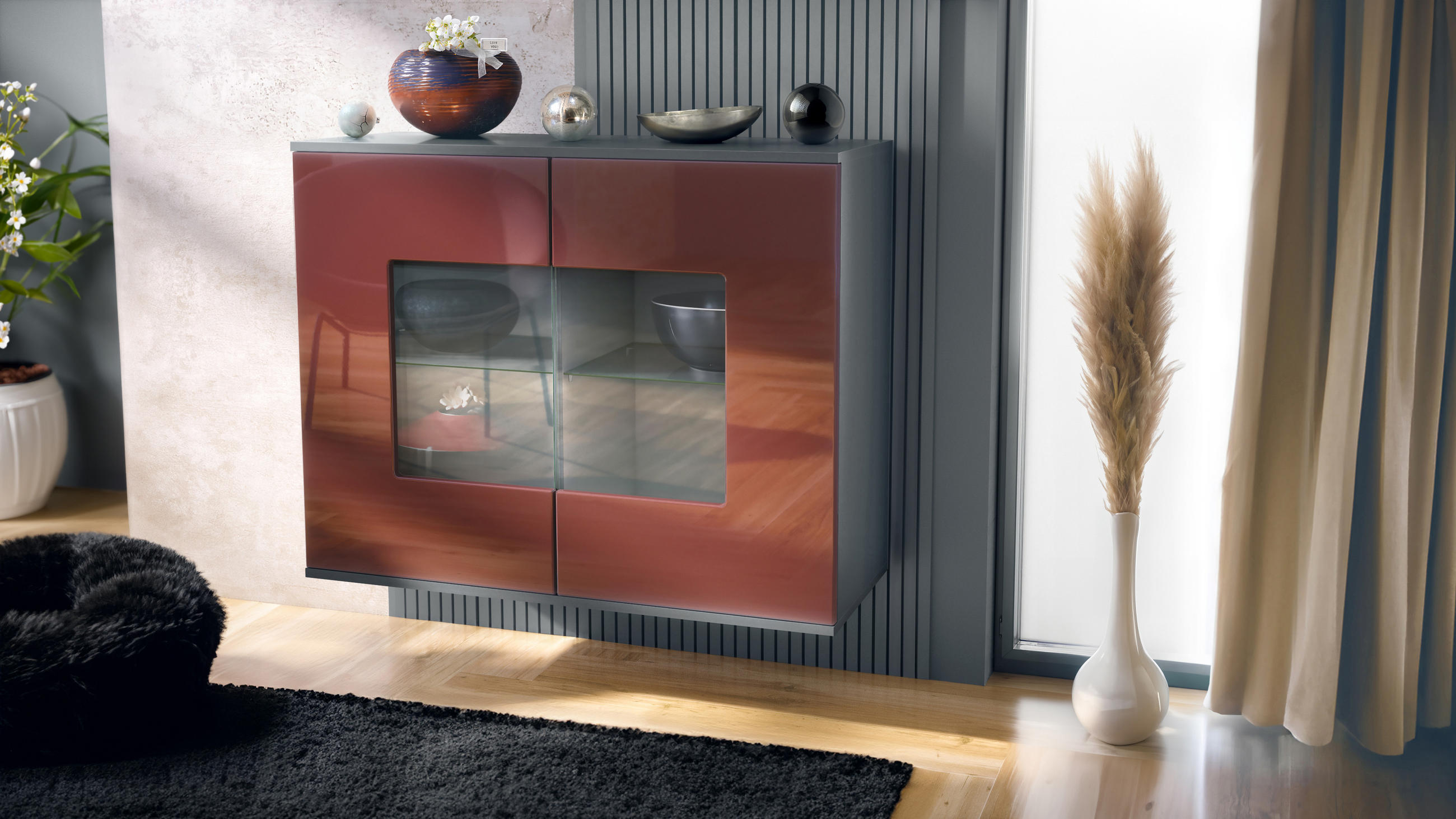 KOMMODE Grömitz Bordeaux Hochglanz - Bordeaux, Holzwerkstoff (92.5/73.5/35cm) - Vladon