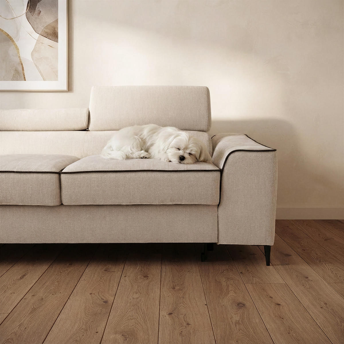 ECKSOFA EVER L Links mit Schlaffunktion 193x126 Chenille Beige - Beige/Schwarz, Holz/Textil (267/204cm) - Muffo