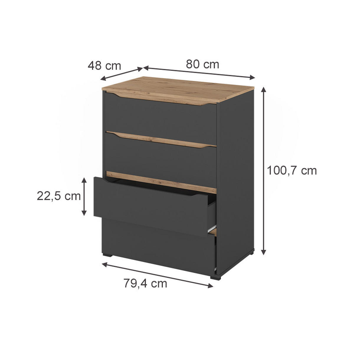 KOMMODE Ruben, Anthrazit/Artisan-Eiche, 80 x 100.7 cm - Anthrazit/Eiche Artisan, Holzwerkstoff (80/480/48cm) - Vicco