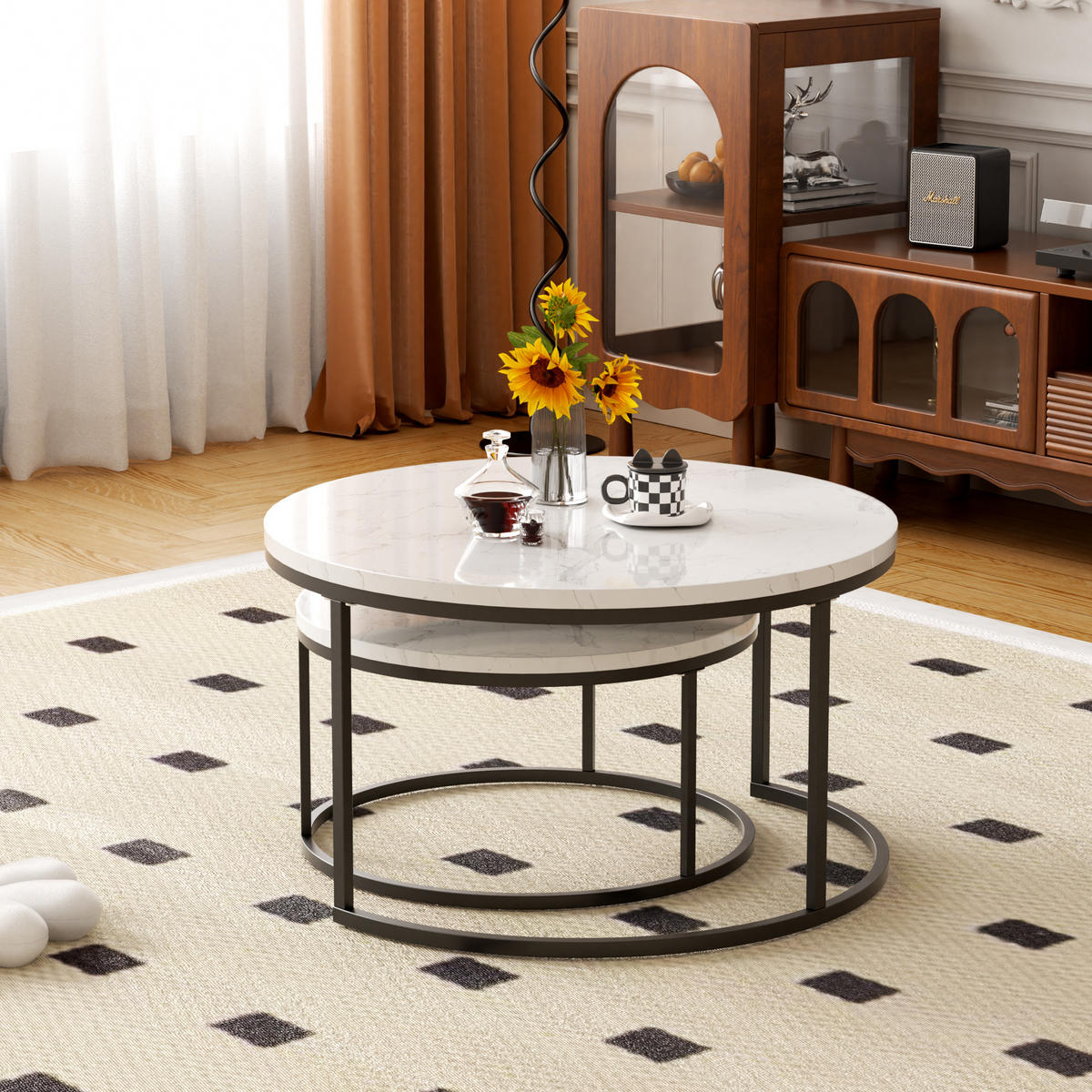 COUCHTISCH 2er-Set mit Eisenrahmen und MDF-Platte - Weiß, Holzwerkstoff (80/80/45cm) - OKWISH