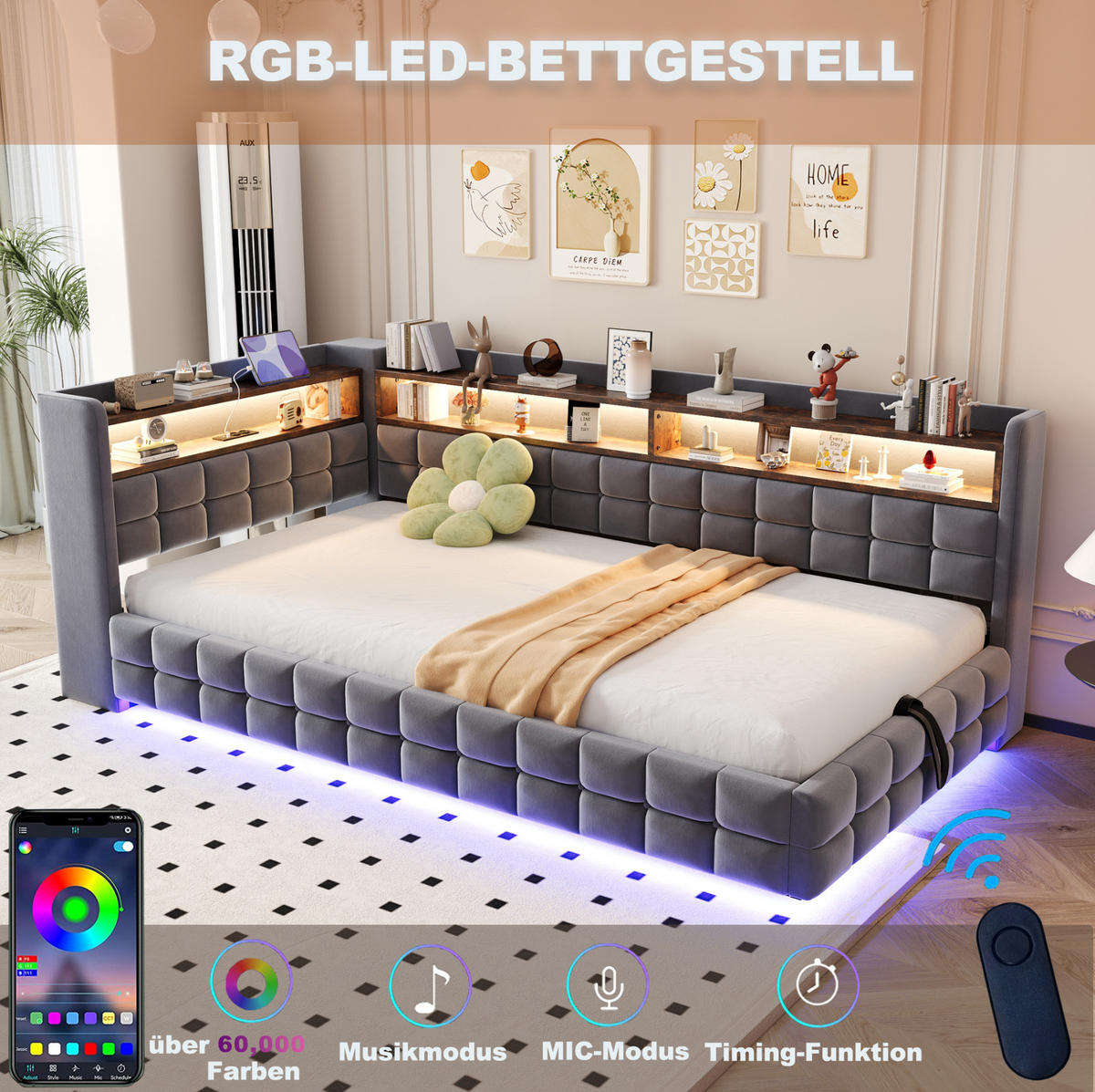 POLSTERBETT 90/200 cm mit Samtbezug, LED-Beleuchtung, Steckdose, USB-C, hydraulischem Stauraum und Regalen, Grau - Grau, Textil (90/200cm) - Redom