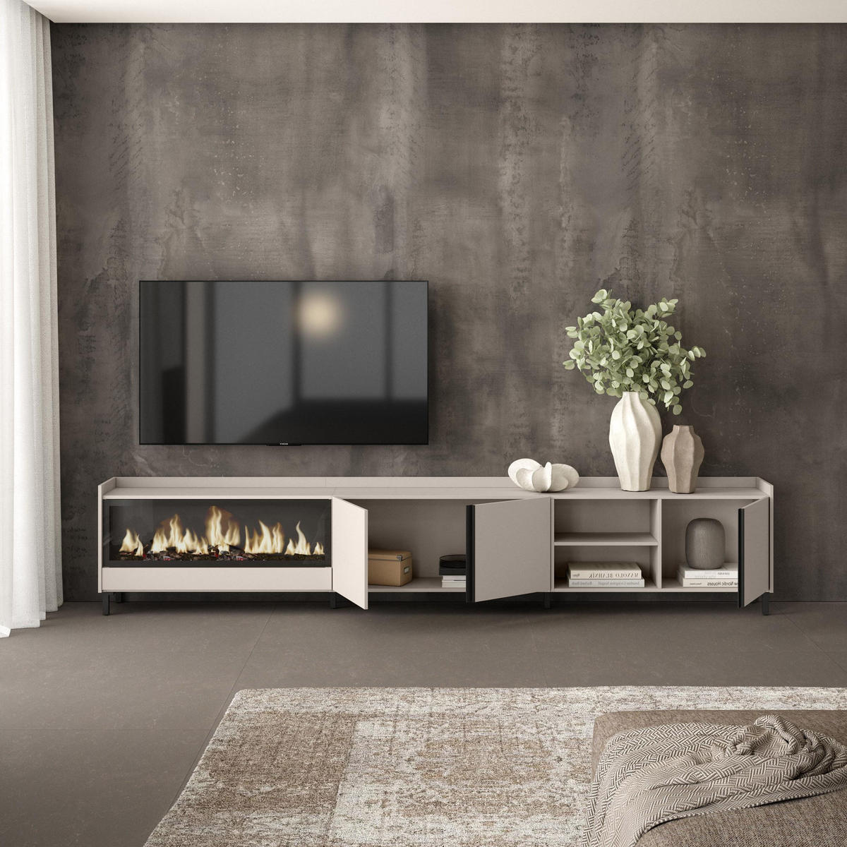 LOWBOARD, Beige, 315/35/61cm, Kamin mit Feuereffekt XXL - Beige, Holzwerkstoff (315/61/35cm) - Skraut Home