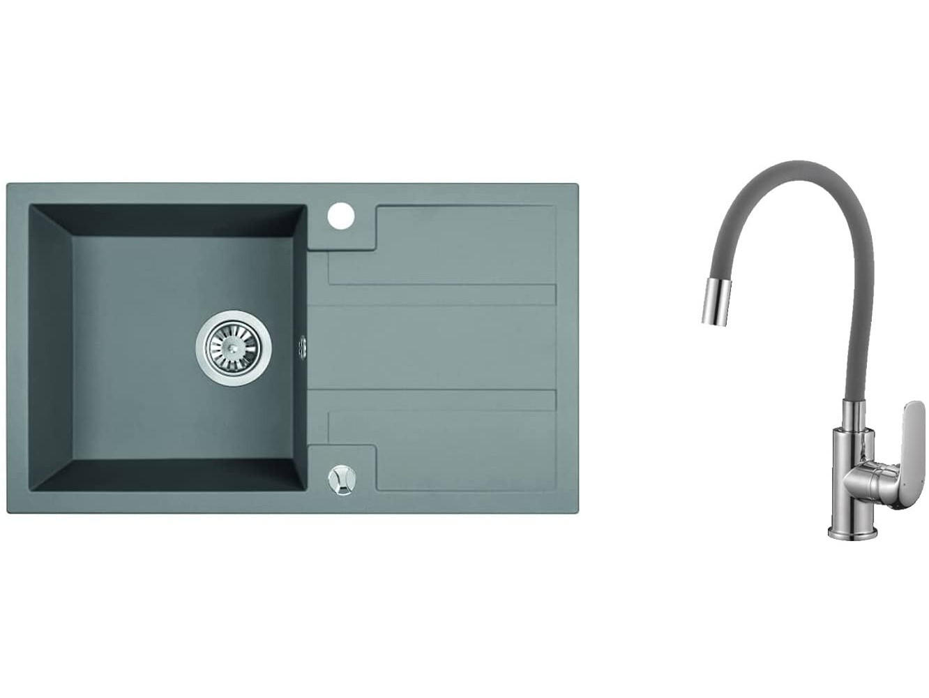 SPÜLEN-SET Barbados Grau, 3-teilig, Einzelbecken, mit Armatur, 44/76/19,4 cm - Grau, Stein (44/19.4/76cm) - bad land