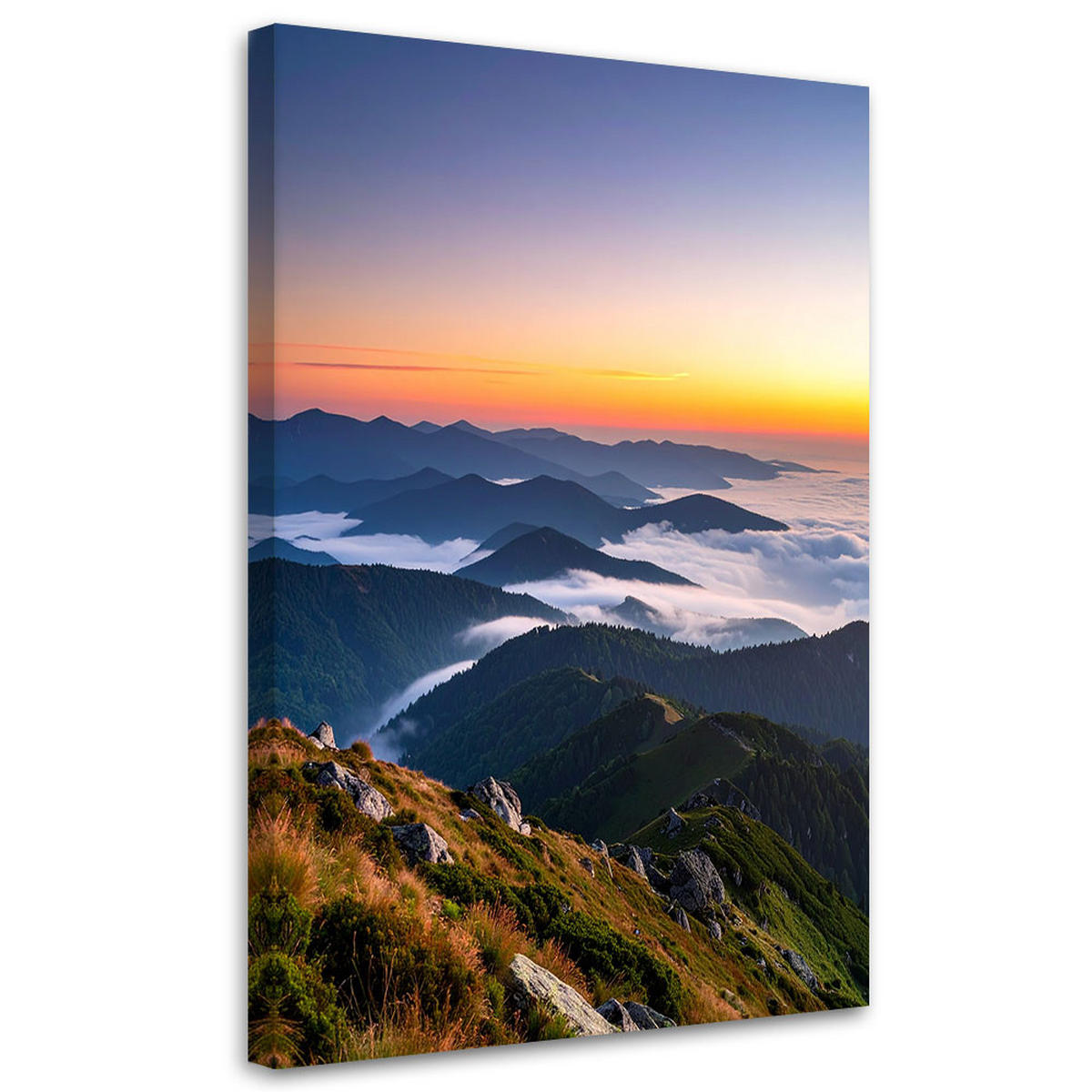 LEINWANDBILD Berglandschaft Sonnenuntergang 60x90cm - Blau, Textil (60/90cm) - Feeby