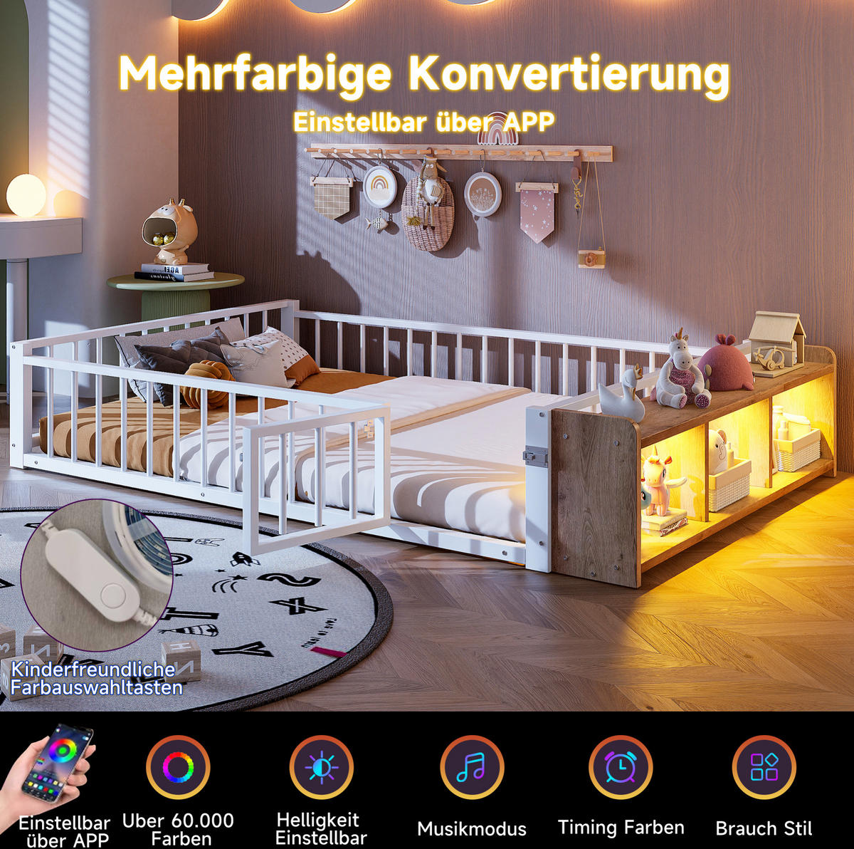 KINDERBETT 140/200 cm, Weiß mit Schutzgeländer und Stauraum - Weiß, Metall (140/200cm) - MIVRAY