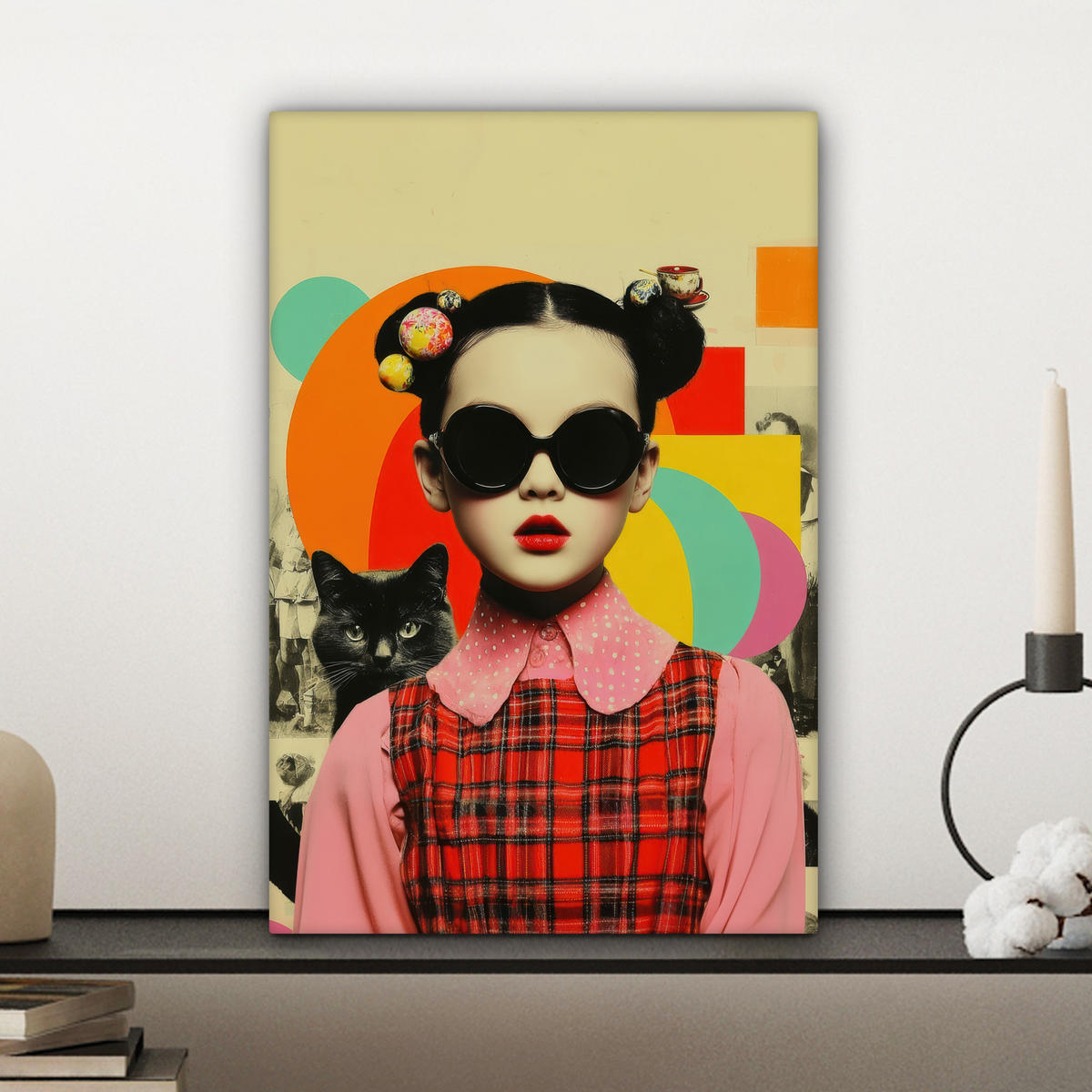 LEINWANDBILD Mädchen - Sonnenbrille - Katze - Retro Deko Wohnzimmer 20x30 cm - Beige, Textil (20/30cm) - MuchoWow