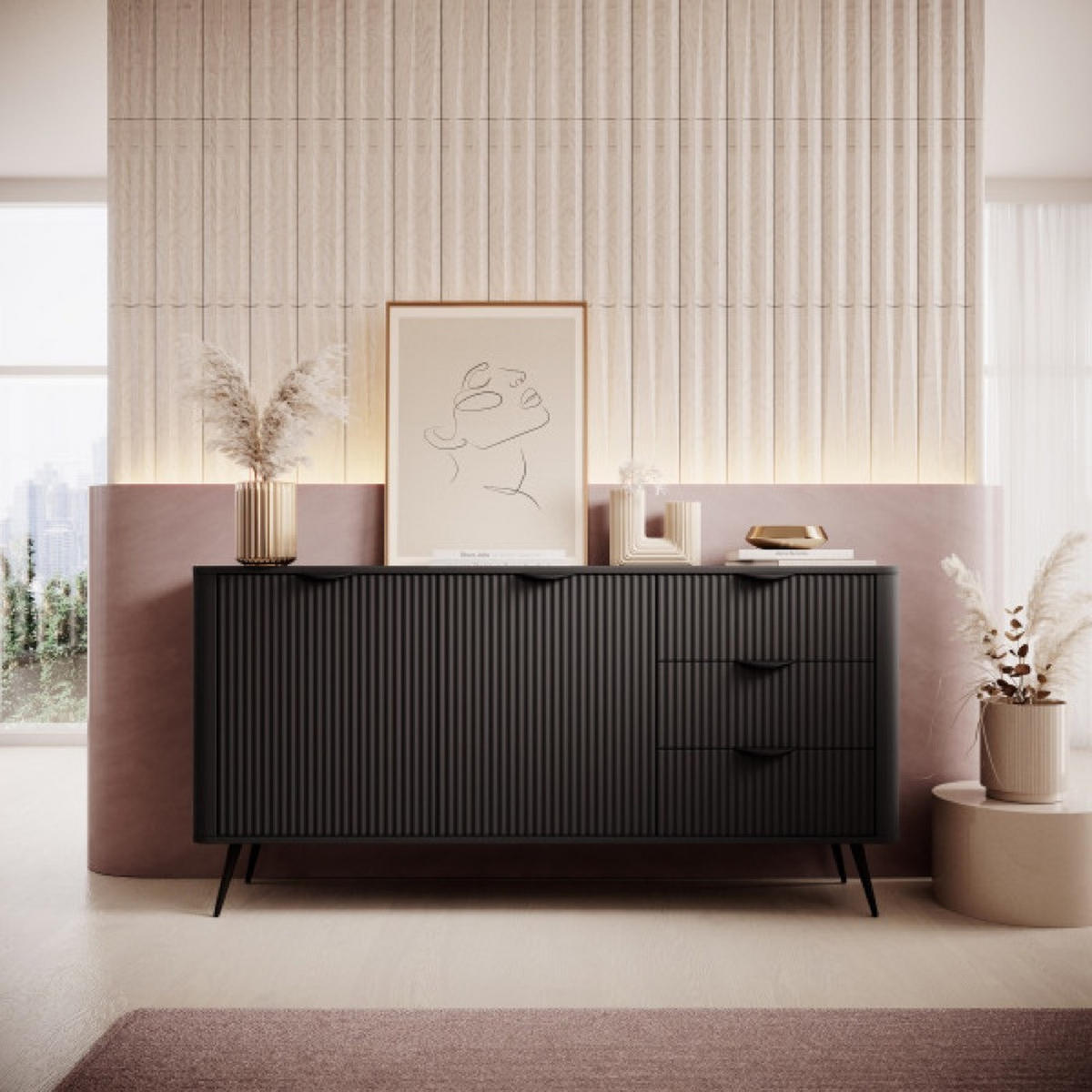 KOMMODE Schwarz LENA Geriffelt 2 Türen 3 Schubladen - Schwarz, Holzwerkstoff (163/81/38cm) - Sepro Meble