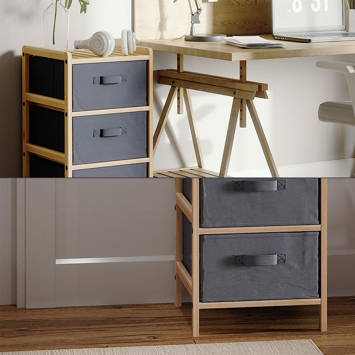 KOMMODE Bruno Grau 34.5 x 67 cm mit 3 Stoffschubladen - Naturfarben/Grau, Holzwerkstoff (34.5/67/36.5cm) - Vicco