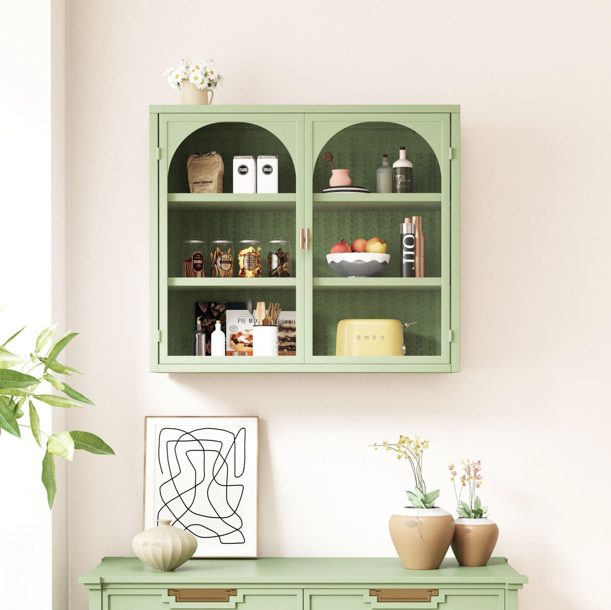 KÜCHENOBERSCHRANK 70 cm mit 2 Glastüren, 3 Ablagen und abnehmbarem Einlegeboden aus Glas und Metall, Grün - Grün, Glas (70/60/23cm) - Redom