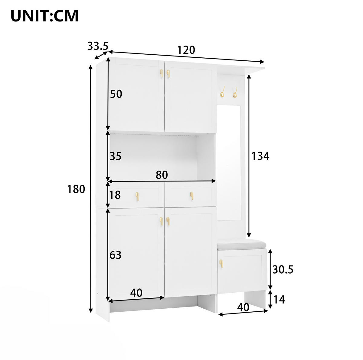 SCHUHSCHRANK aus Spanplatte 120x33.5x180cm in Weiß mit LED-Beleuchtung - Weiß, Holzwerkstoff (120/180/33.5cm) - Modfu