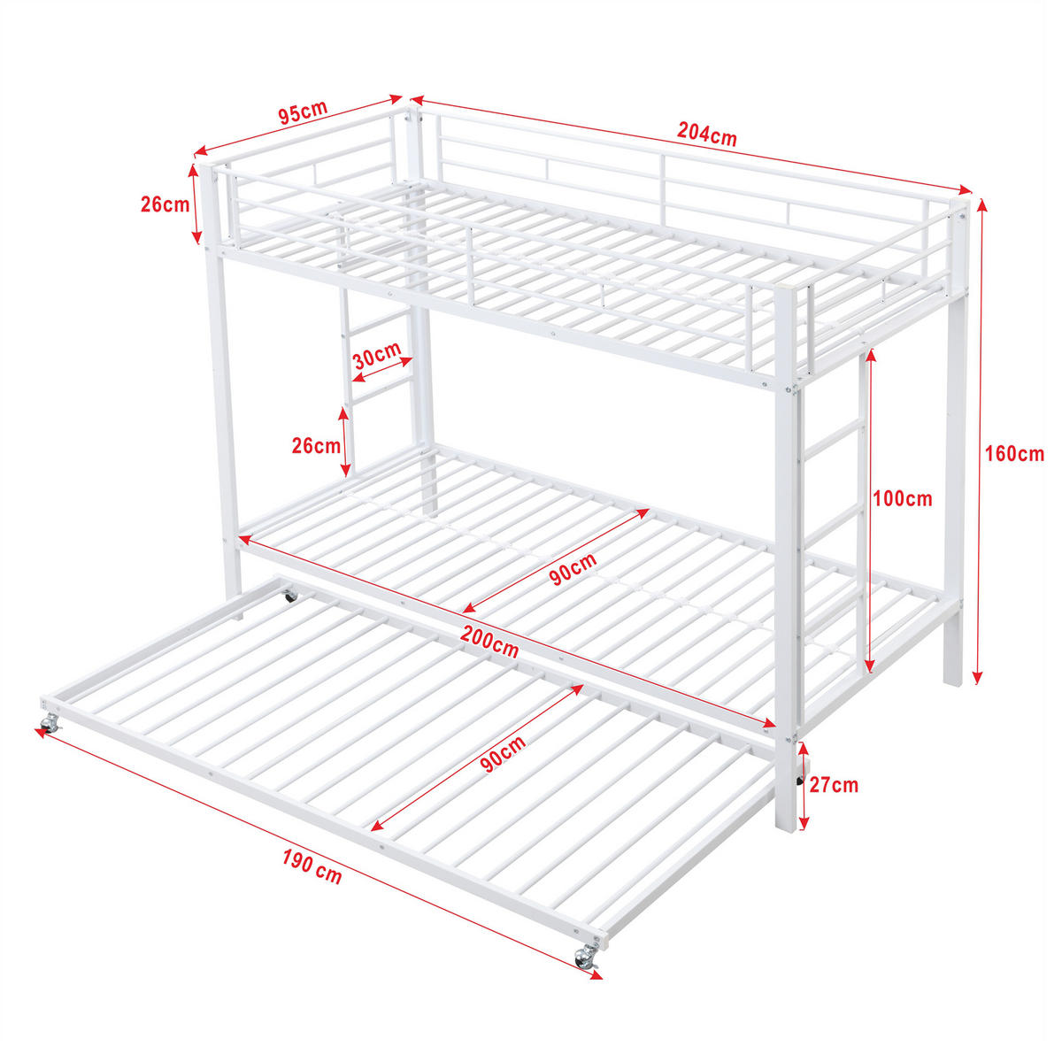 ETAGENBETT 90/200 cm Weiß mit ausziehbarem Rollbett und hohen Geländern - Weiß, Metall (90/200cm) - OKWISH