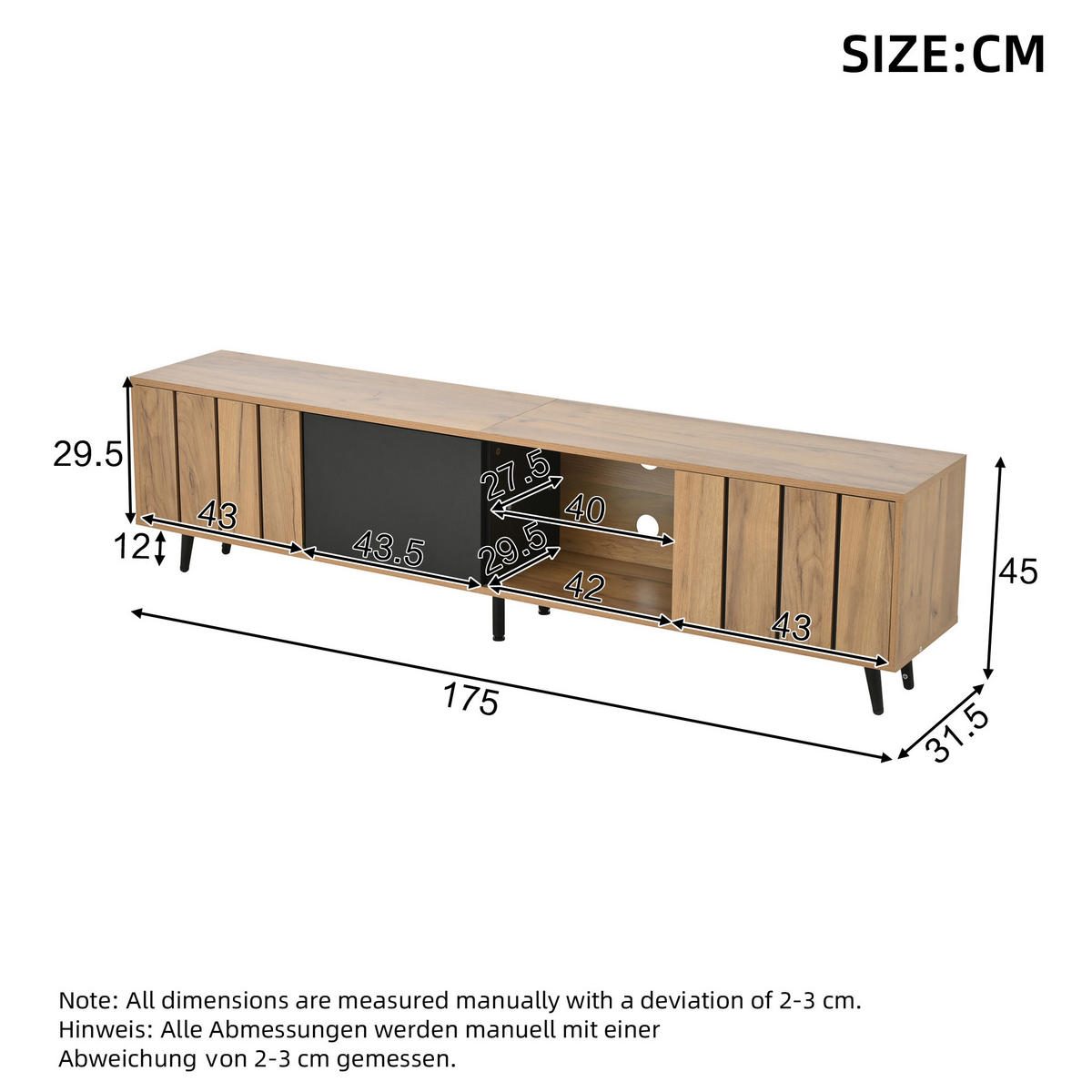 TV-LOWBOARD 175/31,5/45 cm Natur/Schwarz aus Spanplatte mit 3 Türen - Hellbraun, Holzwerkstoff (175/45/31.5cm) - OKWISH