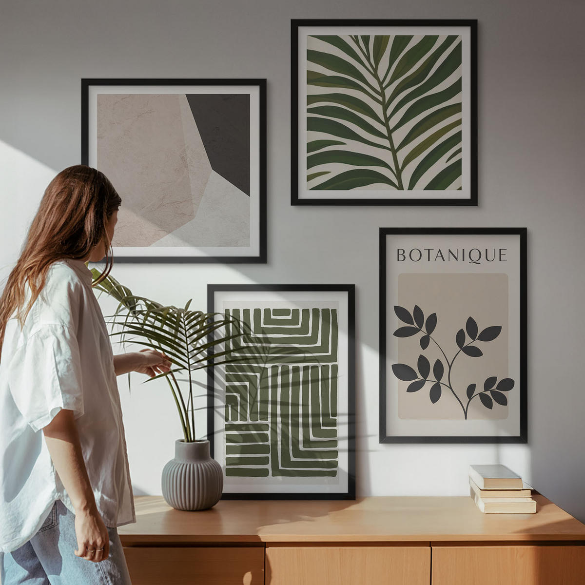 BILDER SET 4er Set - 50x50 cm & 40x60 cm Schwarzer Rahmen - Botanische Boho-Kompositionen - Schwarz, Kunststoff (50/50cm) - TULUP