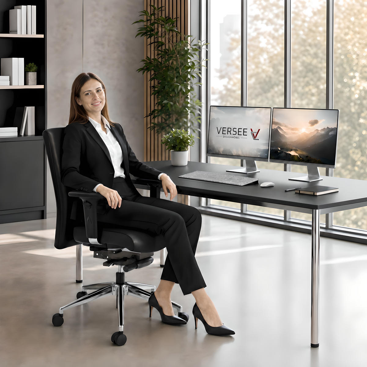BÜROSTUHL Terox Echtleder Schwarz - ergonomisch, 150 kg belastbar, Sitzhöhe 54-66cm - Schwarz, Leder/Kunststoff (65/106/60cm) - Versee