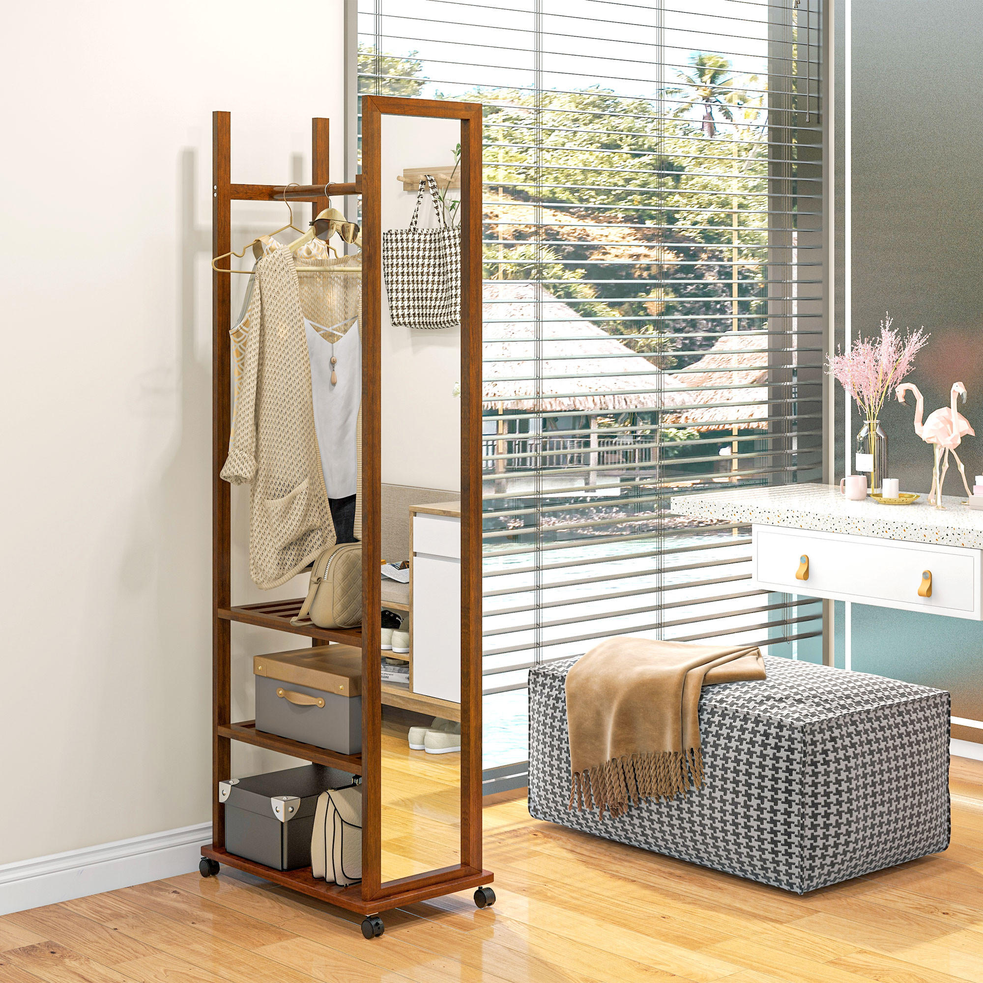 STANDSPIEGEL mit Ständer, 24,8 x 153,8 cm, mit 3 Ebenen, Kleiderstang - Naturfarben, Glas (59.8/170/35.8cm) - HOMCOM