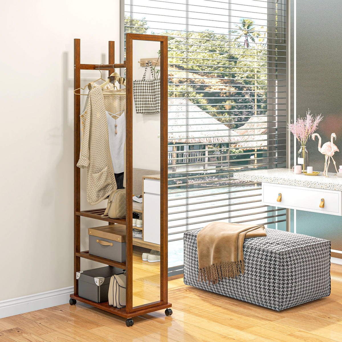 STANDSPIEGEL mit Ständer, 24,8 x 153,8 cm, mit 3 Ebenen, Kleiderstang - Naturfarben, Glas (59.8/170/35.8cm) - HOMCOM