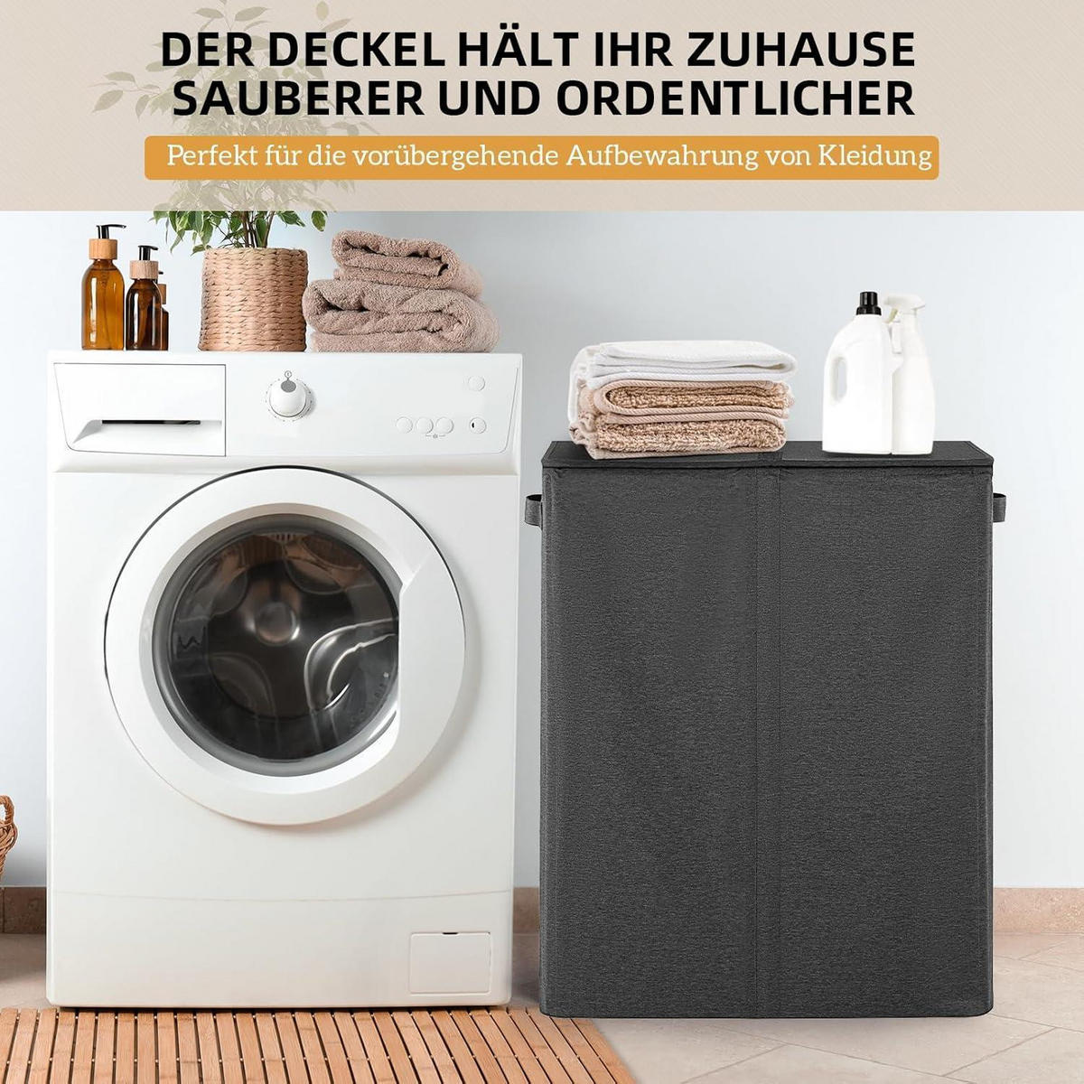 WÄSCHEKORB mit Deckel 135L 2 Fächer Dunkelgrau - Anthrazit, Textil (35/69/58cm)