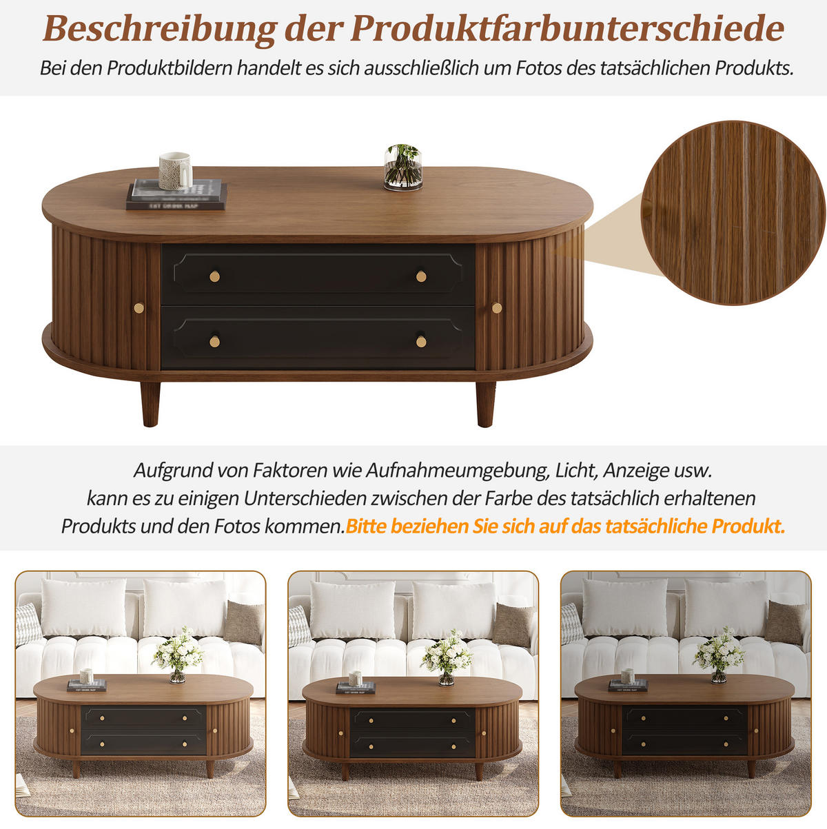 COUCHTISCH aus Spanplatte 100x50x36 cm Walnussholzoptik/Schwarz mit 2 Schubladen und Rolltüren - Walnussfarben, Holzwerkstoff (100/50/36cm) - IVMEU