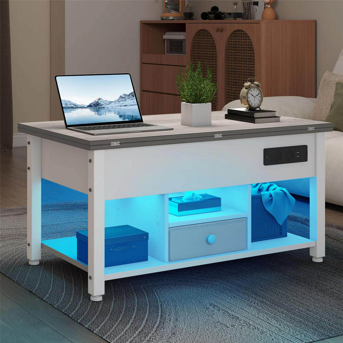 COUCHTISCH 4-in-1 höhenverstellbar LED Stauraum Weiß/Grau - Weiß, Holz (90/47.8/61.7cm) - Kaket