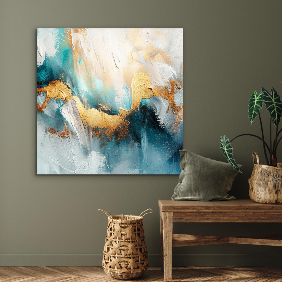 KOVOVÝ OBRAZ Abstraktné - umenie - zlaté - modré 90x90 cm - petrolejová, kov (90/90cm) - MuchoWow
