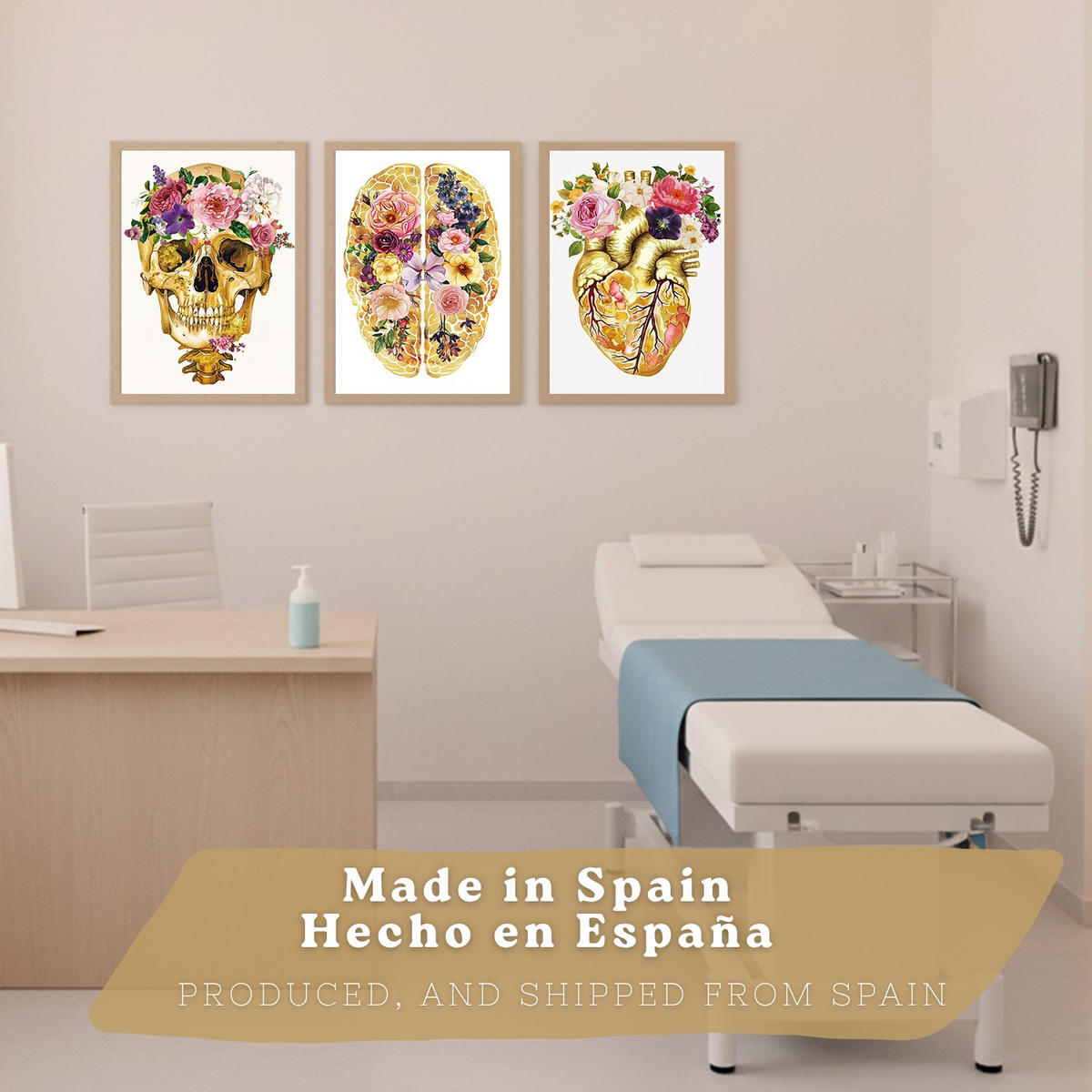 POSTER Set aus 3 Anatomie Mensch Drucke und mit Schädel Gehirn und Herz Goldene Florale Künstlerische Illustration Größe Leichter Holzrahmen A4 - Beige, Papier (21/29.7/3cm) - Nacnic