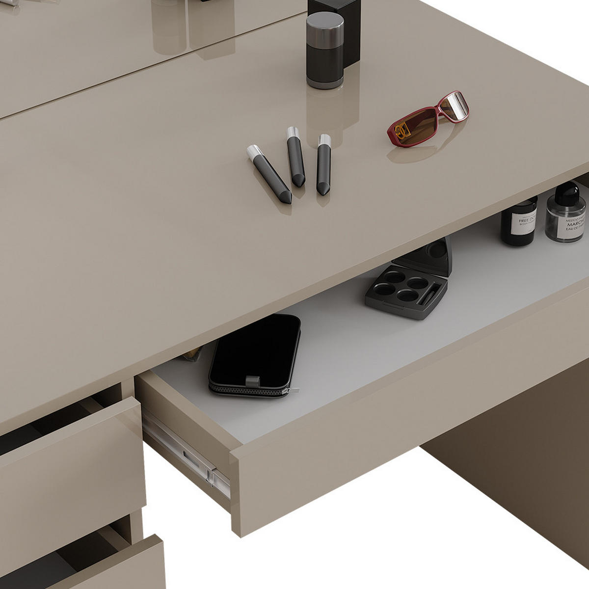 SCHMINKTISCH-SET Sherry Greige 120 cm mit Hocker - Greige, Holzwerkstoff (120/75/55cm) - Vicco
