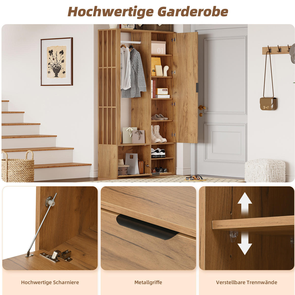 STANDGARDEROBE 100/33/190 cm mit Spiegel und Kleiderstange in Natur - Naturfarben, Holzwerkstoff (33/190/100cm) - BEAOK