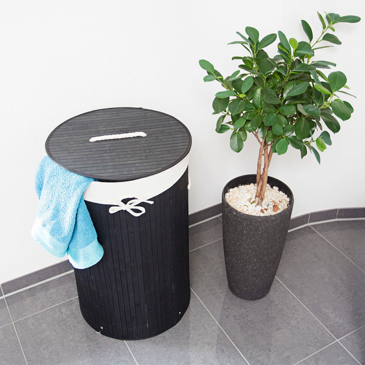 WÄSCHEKORB - Schwarz, Holz/Textil (41/65/41cm) - Relaxdays